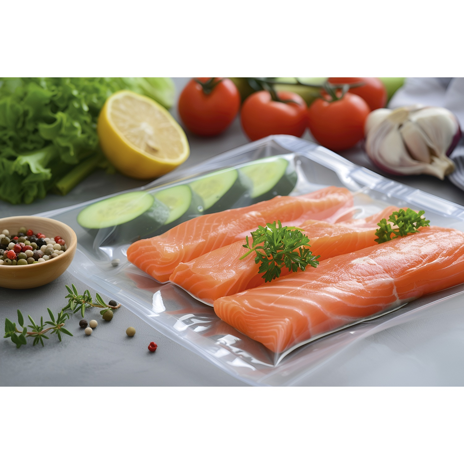 Vacuum-packed salmon fillets with cucumber slices, herbs, tomatoes, lemon, and spices on a counter.
