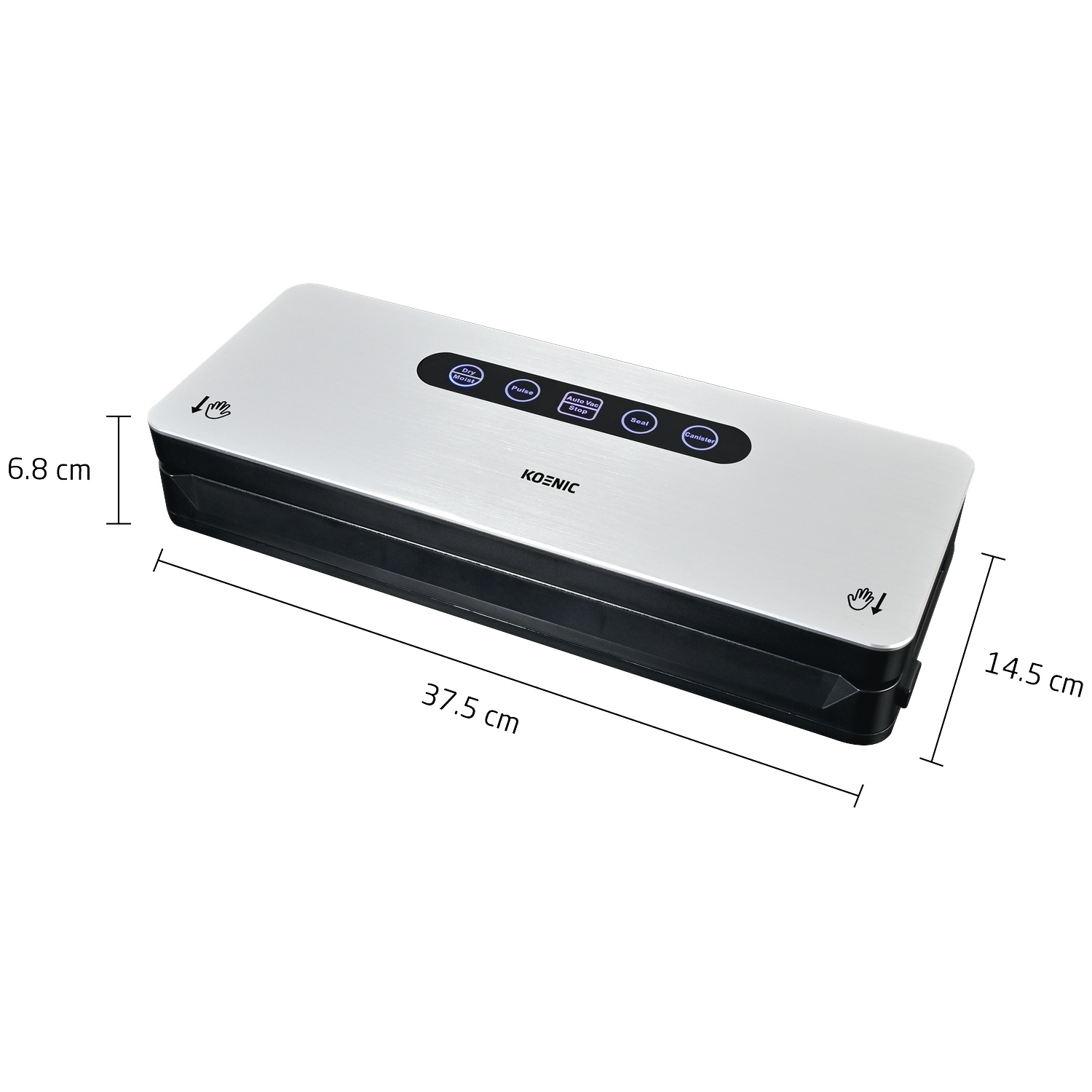 Silver and black vacuum sealer with dimensions of 37.5 x 14.5 x 6.8 cm.