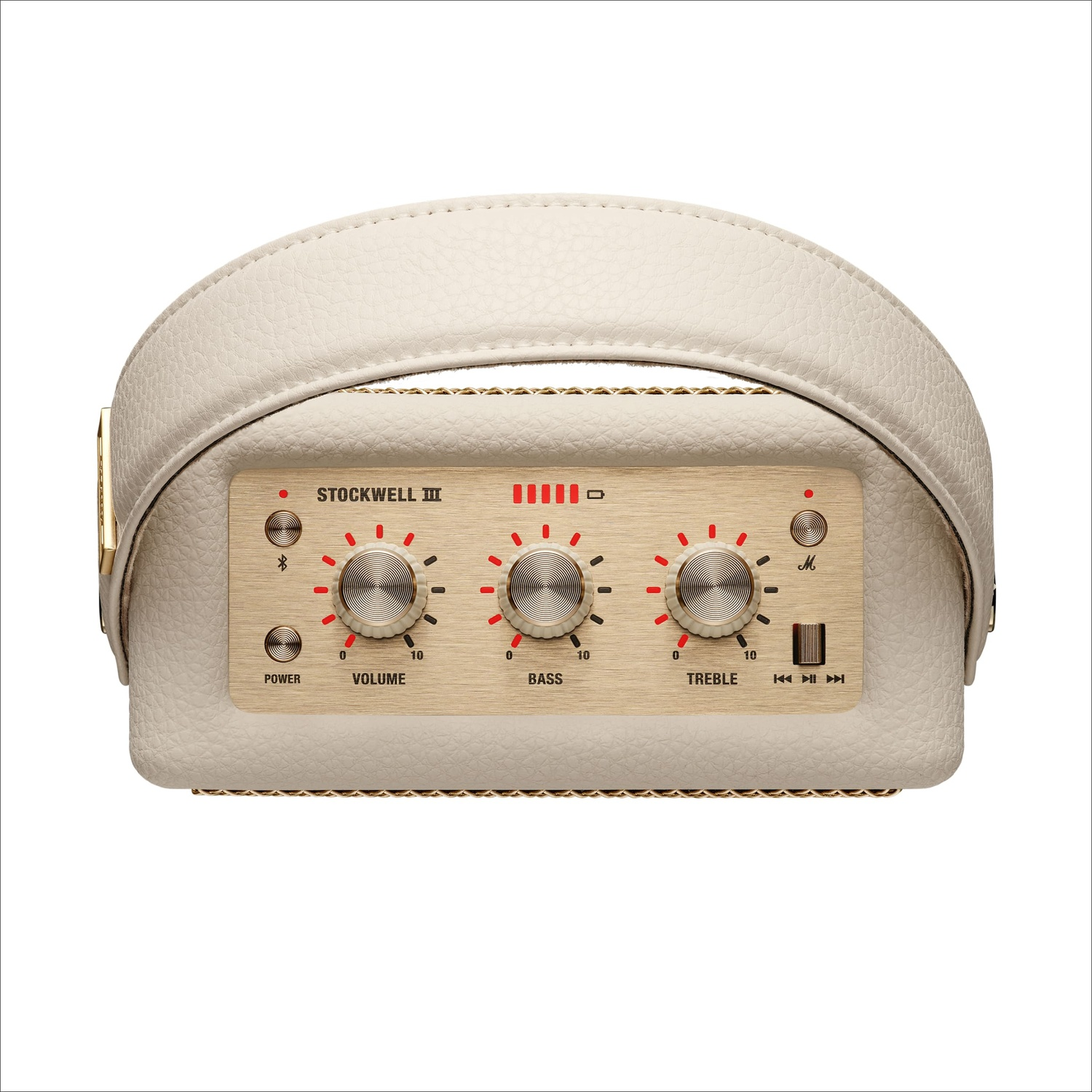 A cream-colored Marshall Stockwell II speaker with gold knobs and a leather handle on a white background.