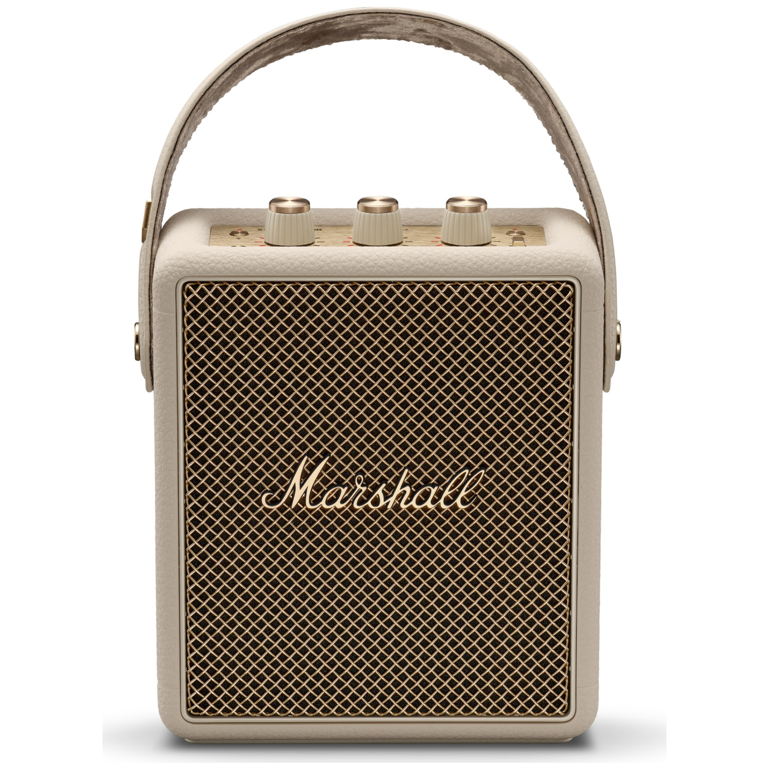 A cream-colored Marshall speaker with a gold grille, three knobs, and a handle against a plain white background.