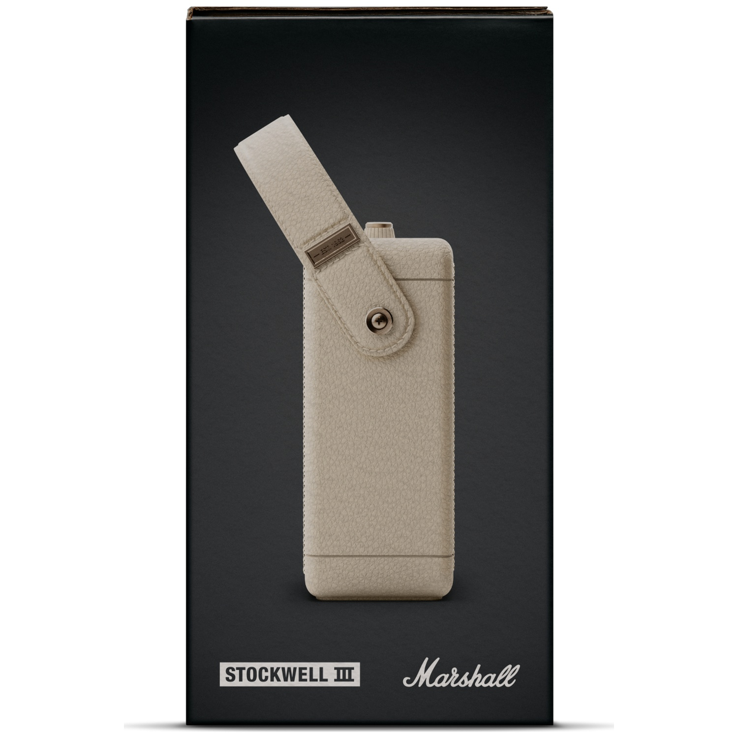 A cream-colored Marshall Stockwell III speaker with a carrying strap inside a black box.