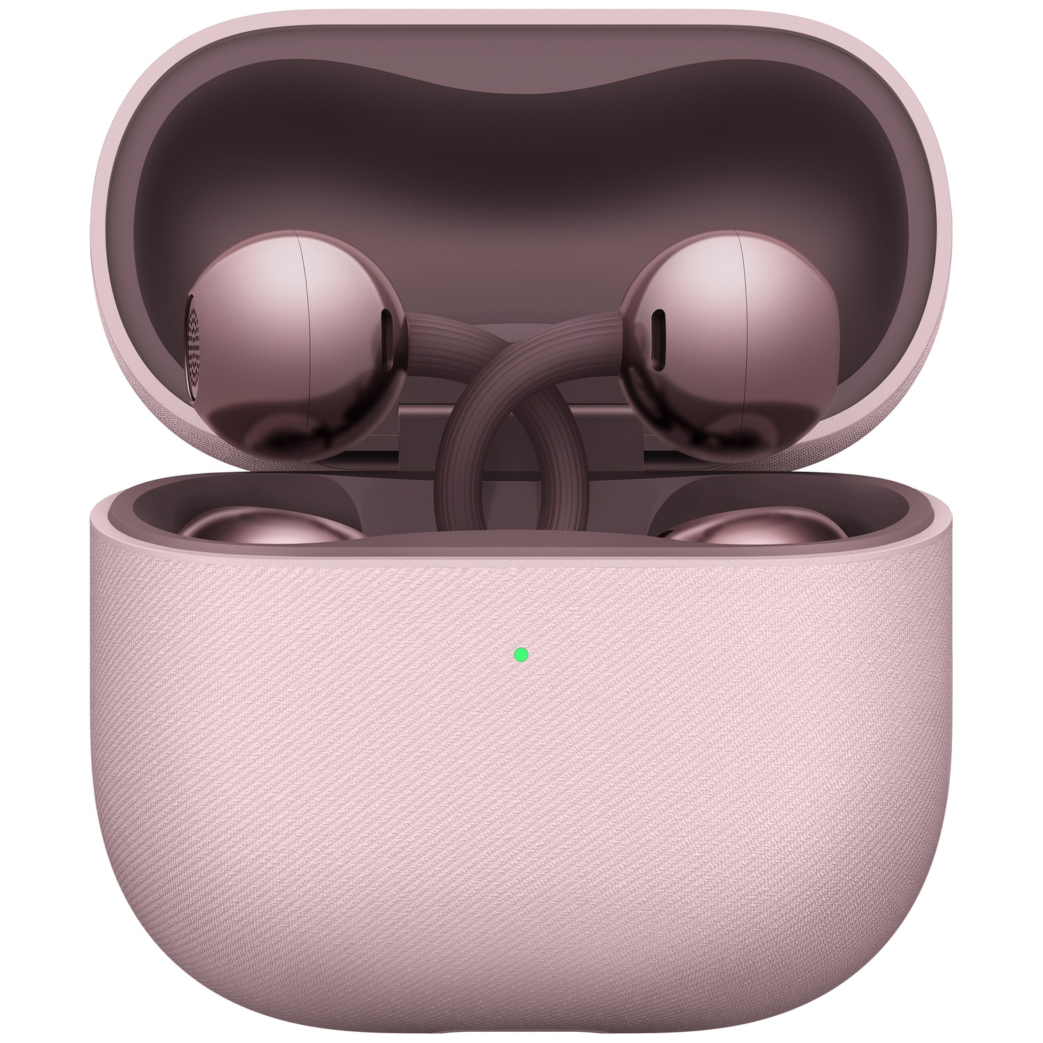Boîtier de charge rose ouvert contenant deux écouteurs roses brillants à tiges croisées et une LED verte.