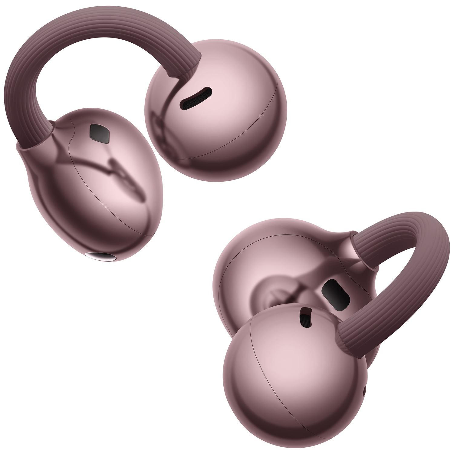 Deux écouteurs ouverts rose brillant avec un design arrondi et des ponts de connexion flexibles.