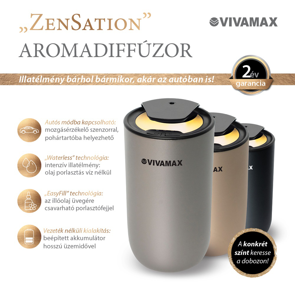 Három henger alakú, szürke, arany és fekete Vivamax aromadiffúzor világító tetővel, promóciós szöveggel és ikonokkal.