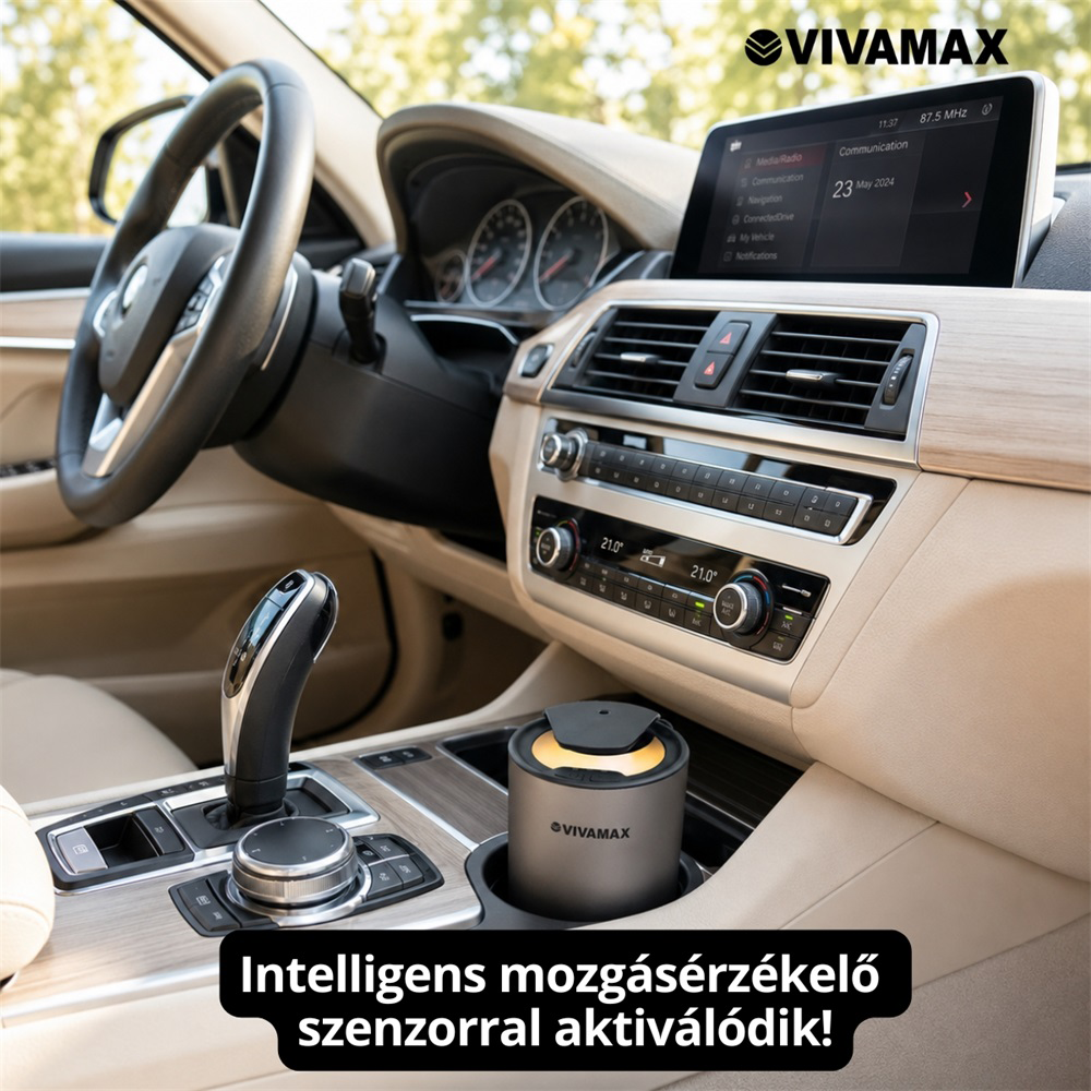 Egy Vivamax érzékelős eszköz áll az autó középkonzolján.