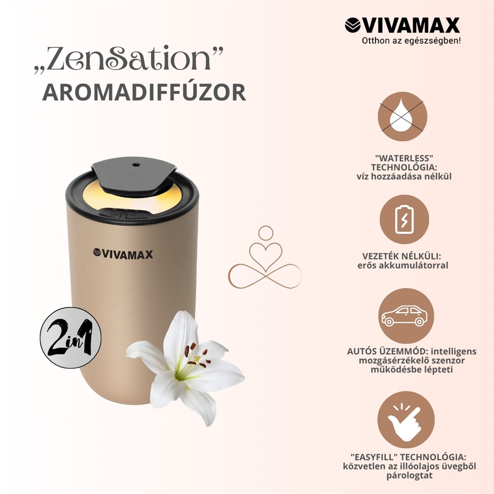 Aranyszínű Vivamax ZenSation aromadiffúzor fehér liliommal, ikonokkal és felirattal világos háttérben.