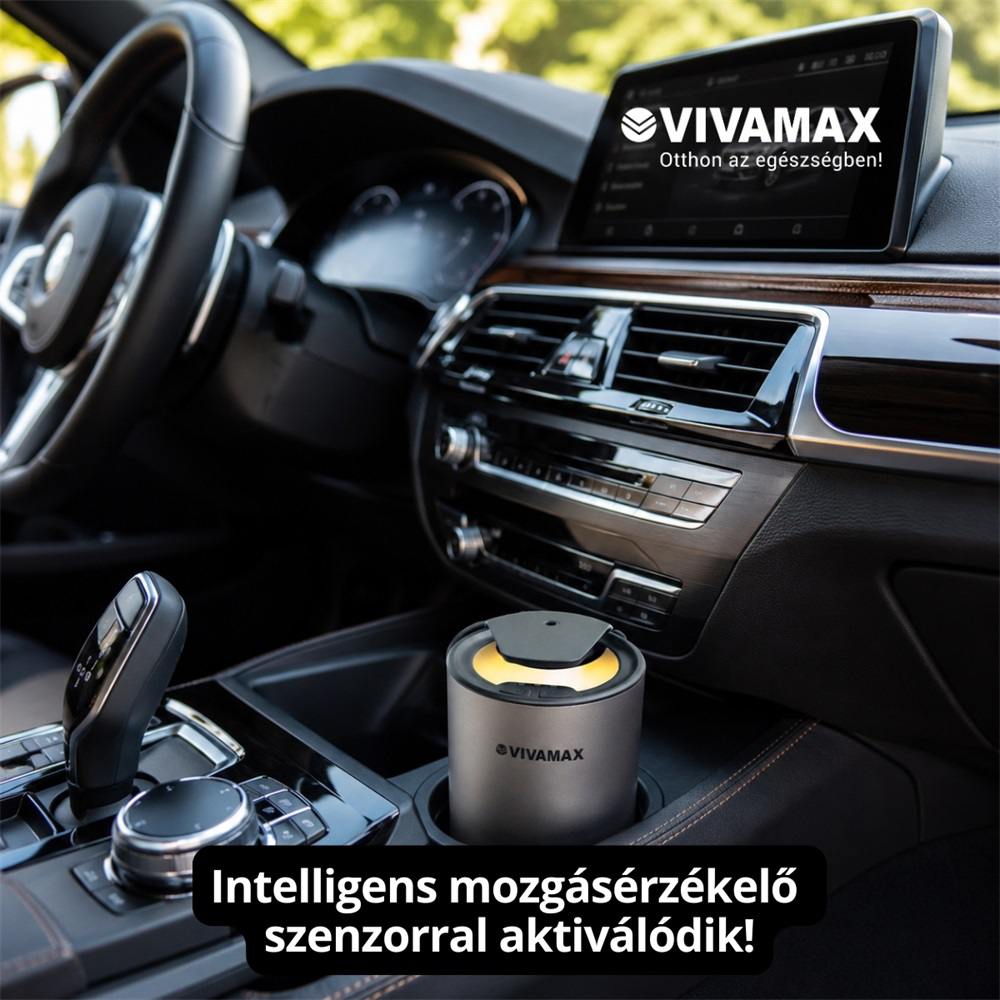 Egy sárga fényű Vivamax diffúzor áll az autó pohártartójában. Szöveg: Intelligens mozgásérzékelő...