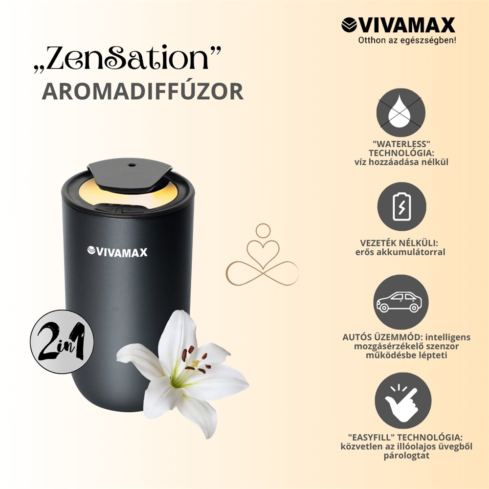 Vivamax Zensation fekete aromadiffúzor fehér liliommal, 2 az 1-ben funkcióval és ikonokkal bézs háttérben.