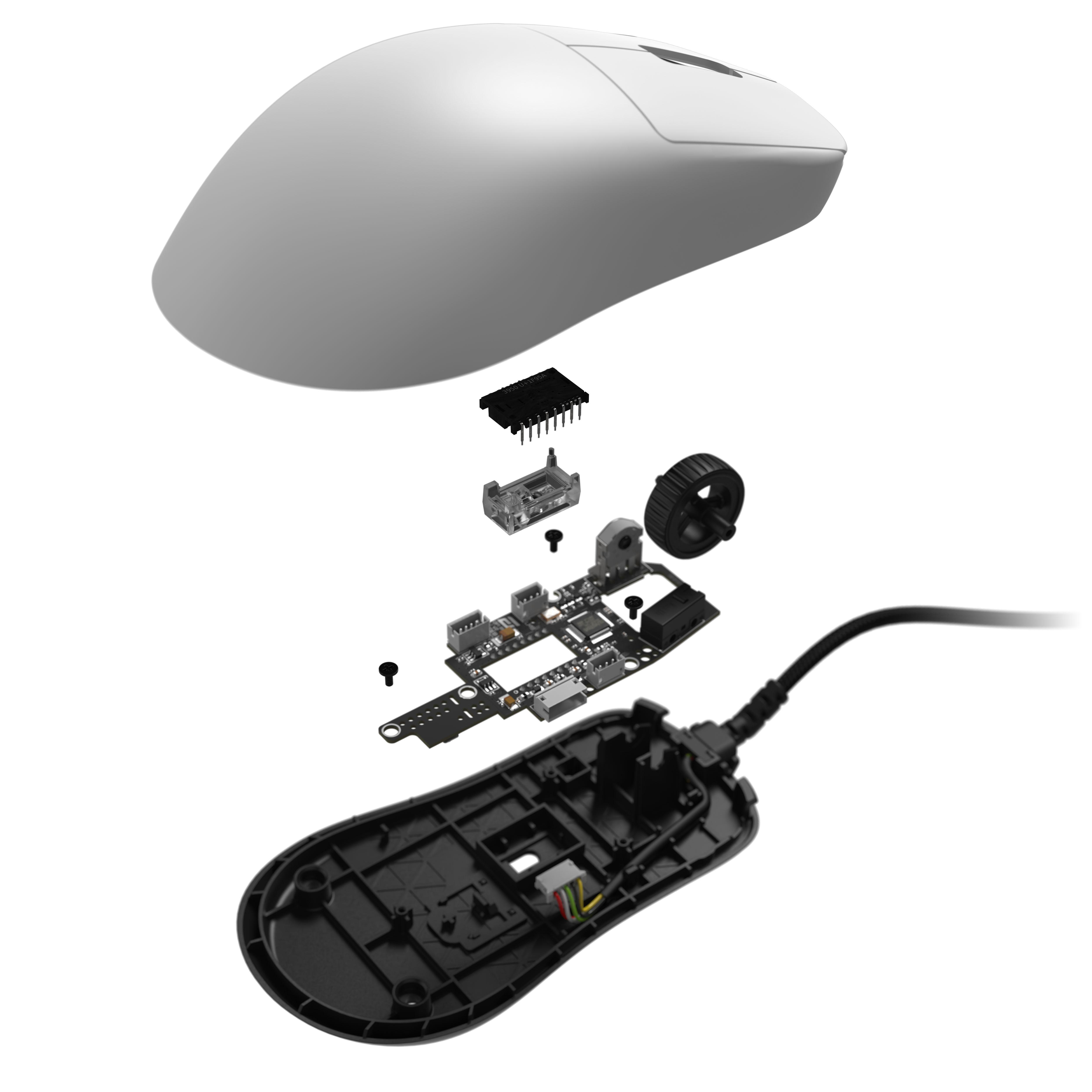 Explosionszeichnung einer Computermaus mit Gehäuse, Platine, Sensor und Scrollrad auf weißem Hintergrund.