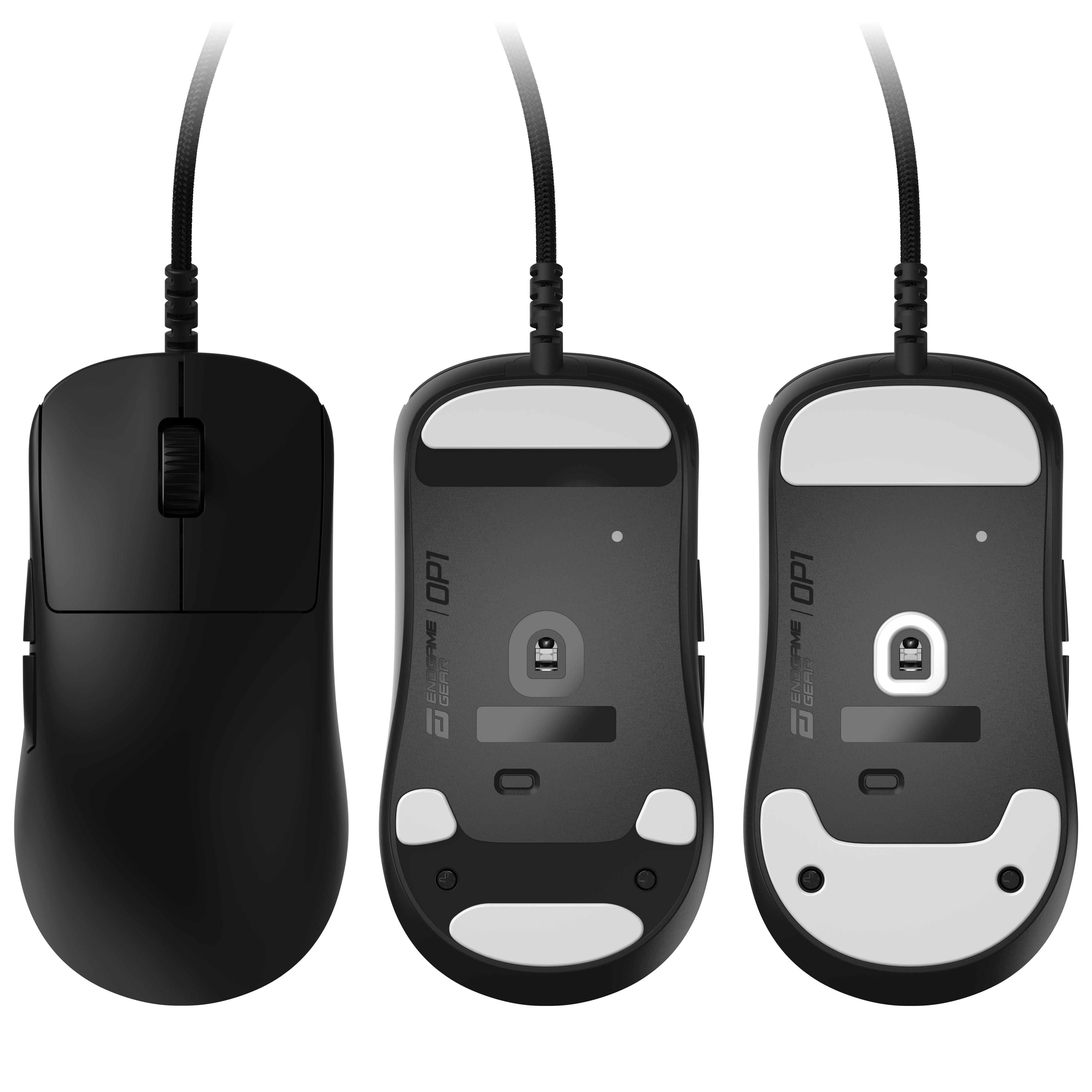 Drei Ansichten einer schwarzen Endgame Gear OP1 Gaming-Maus mit Kabel, inklusive Oberseite und zwei Unterseiten.