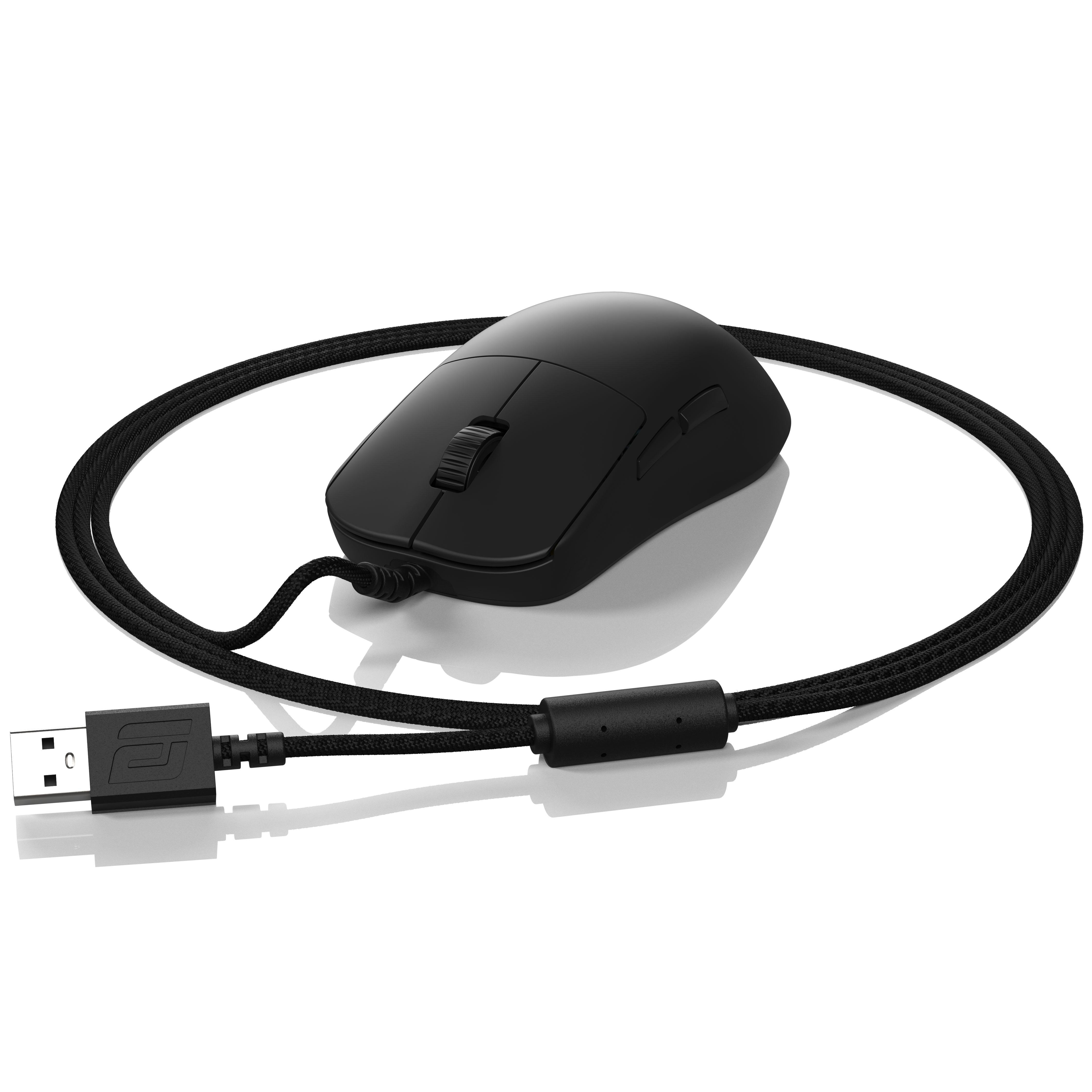 Schwarze kabelgebundene Computermaus mit USB-Anschluss und aufgerolltem Kabel auf weißem Hintergrund.