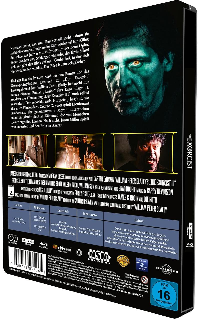 Rückseite einer The Exorcist III Blu-ray Hülle mit Text, Bildern und Details.