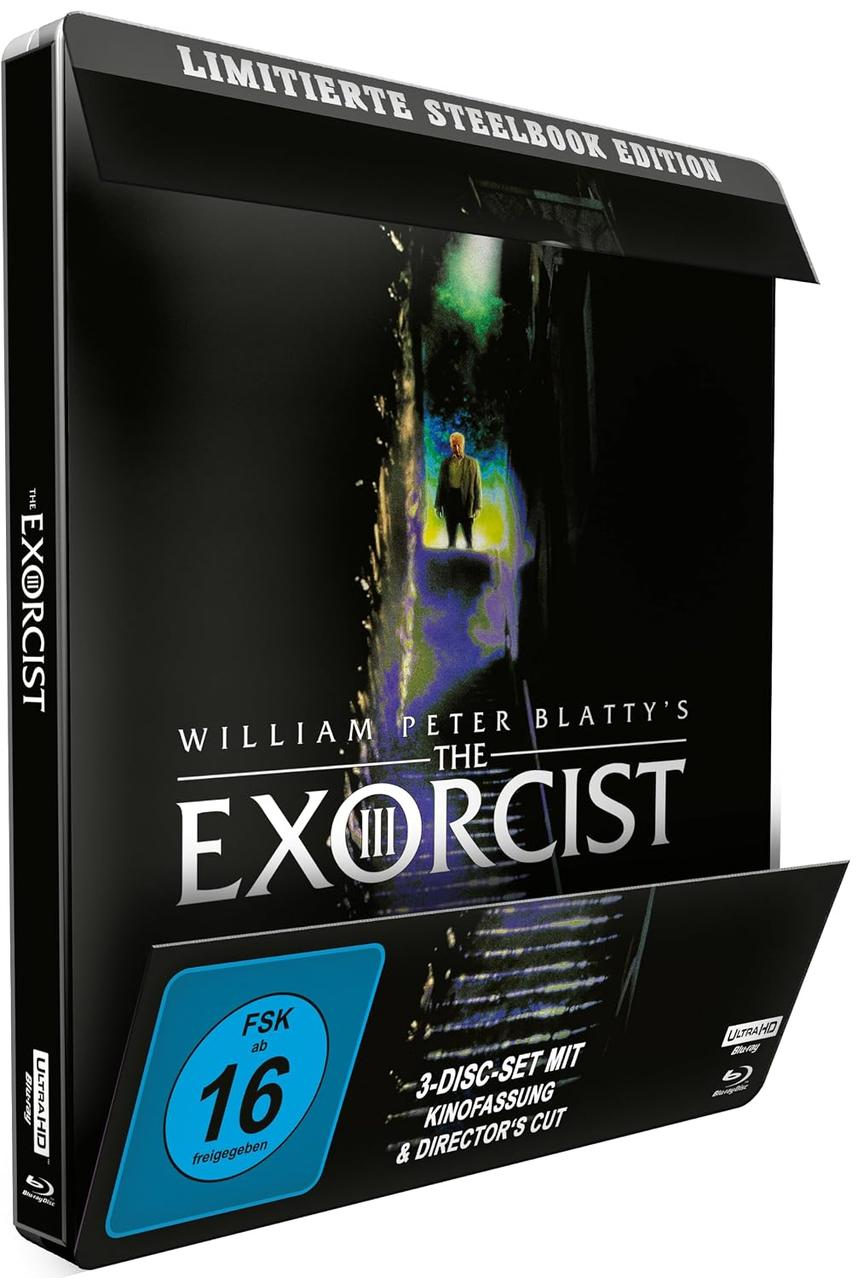 Limitierte Steelbook-Edition von Der Exorzist III mit einer dunklen Korridorszene auf dem Cover und FSK 16.