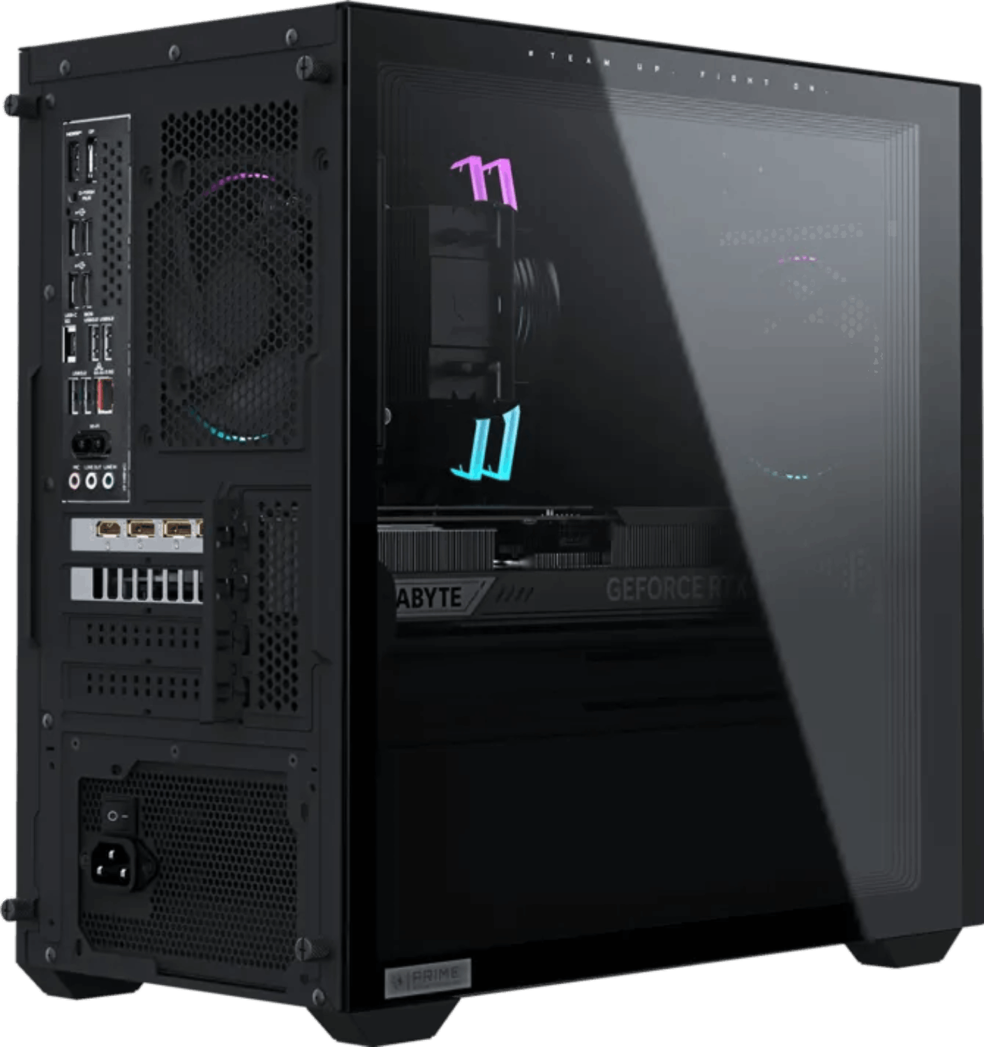 Gabinete de PC negro con panel lateral de vidrio, ventiladores con luces RGB y componentes internos visibles.