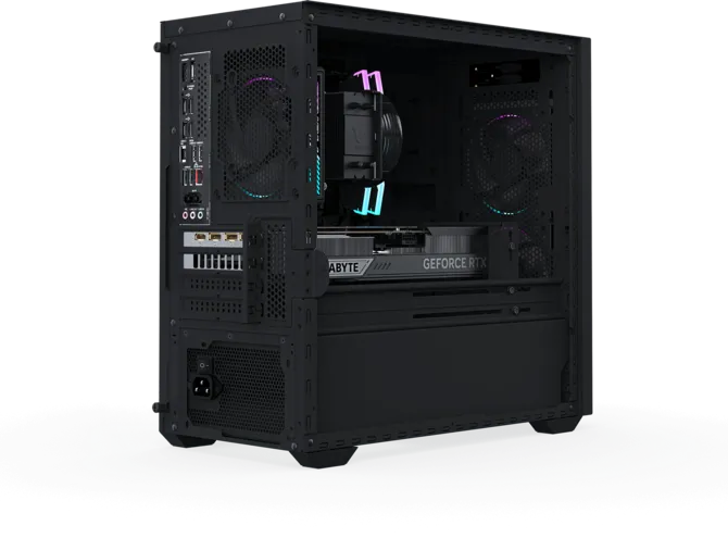 Interior de una carcasa de PC negra con componentes visibles, ventiladores RGB y tarjeta gráfica sobre fondo negro.