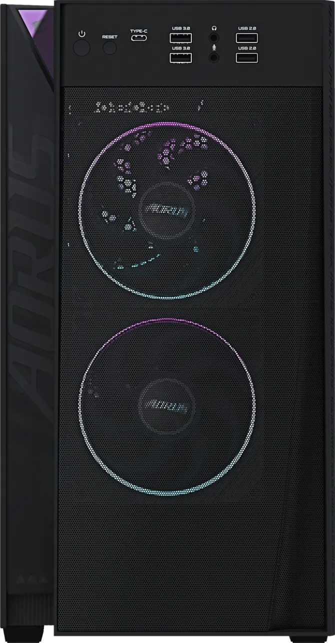 Gabinete de PC negro con ventiladores iluminados, puertos USB y el logotipo de Aorus.