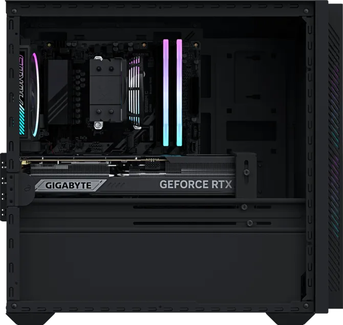 El interior de un gabinete de PC negro con placa madre, tarjeta gráfica Gigabyte GeForce RTX e iluminación RGB.
