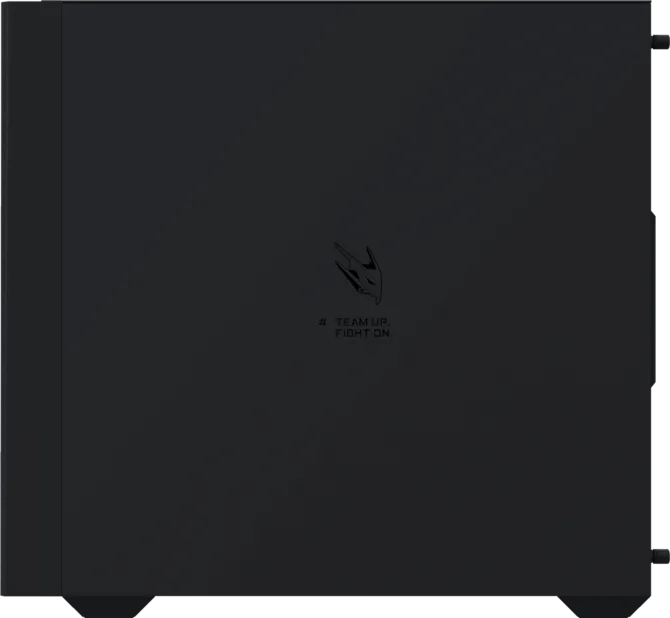 Caja de PC negra con un pequeño emblema y el texto TEAM UP FIGHT ON en el centro.