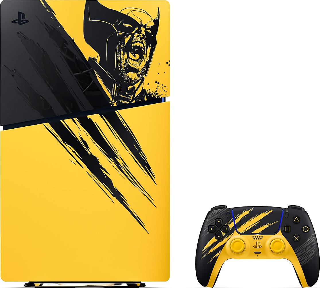 Console et manette PlayStation jaunes et noires avec un graphisme Wolverine et des griffures.