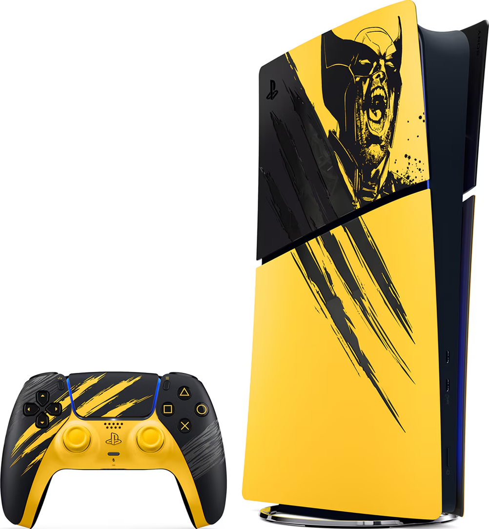 Console et manette PlayStation 5 jaune et noir avec un design Wolverine et des griffes.