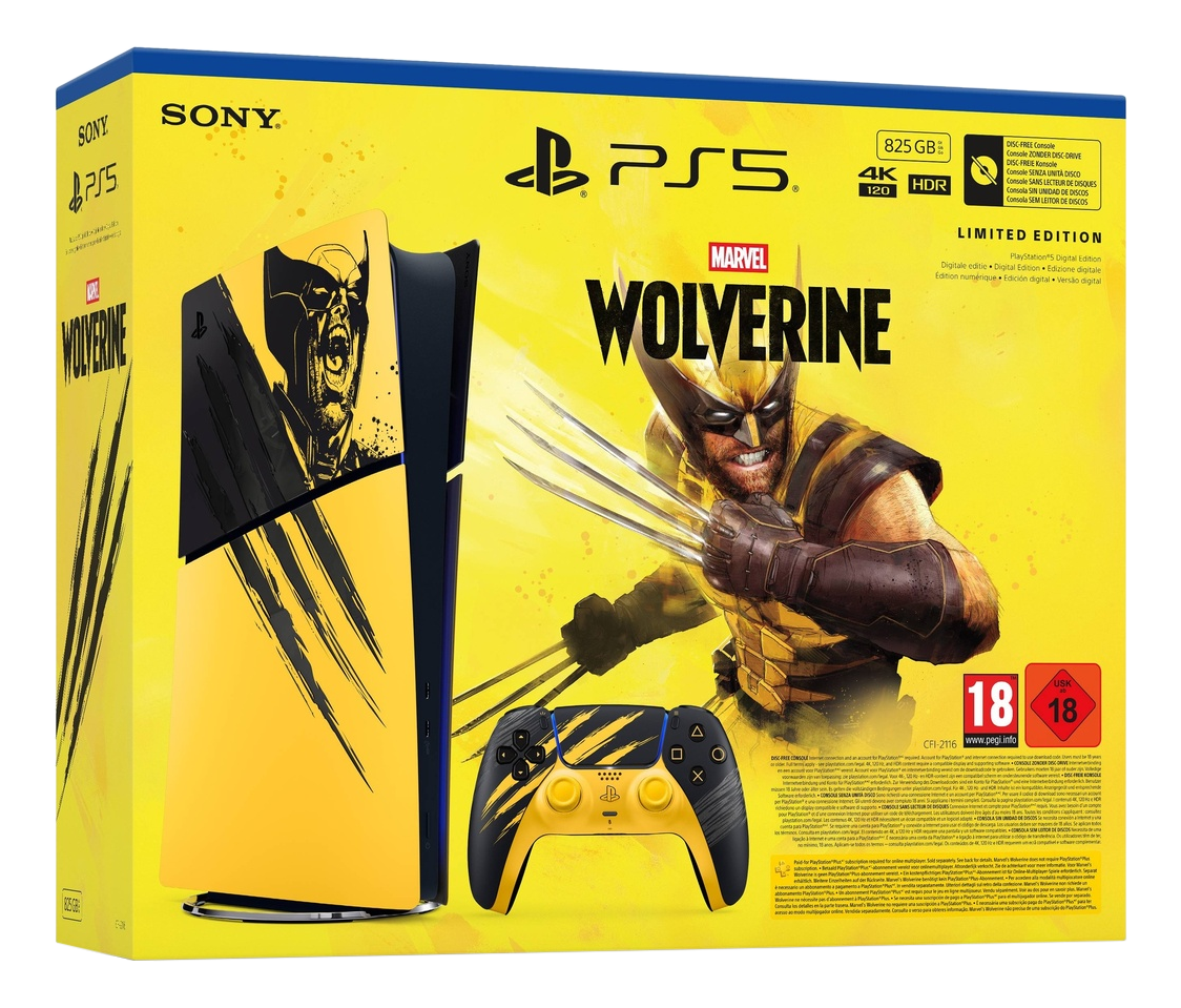 Console PS5 Wolverine Édition Limitée jaune en boîte avec manette assortie et visuel de Wolverine.