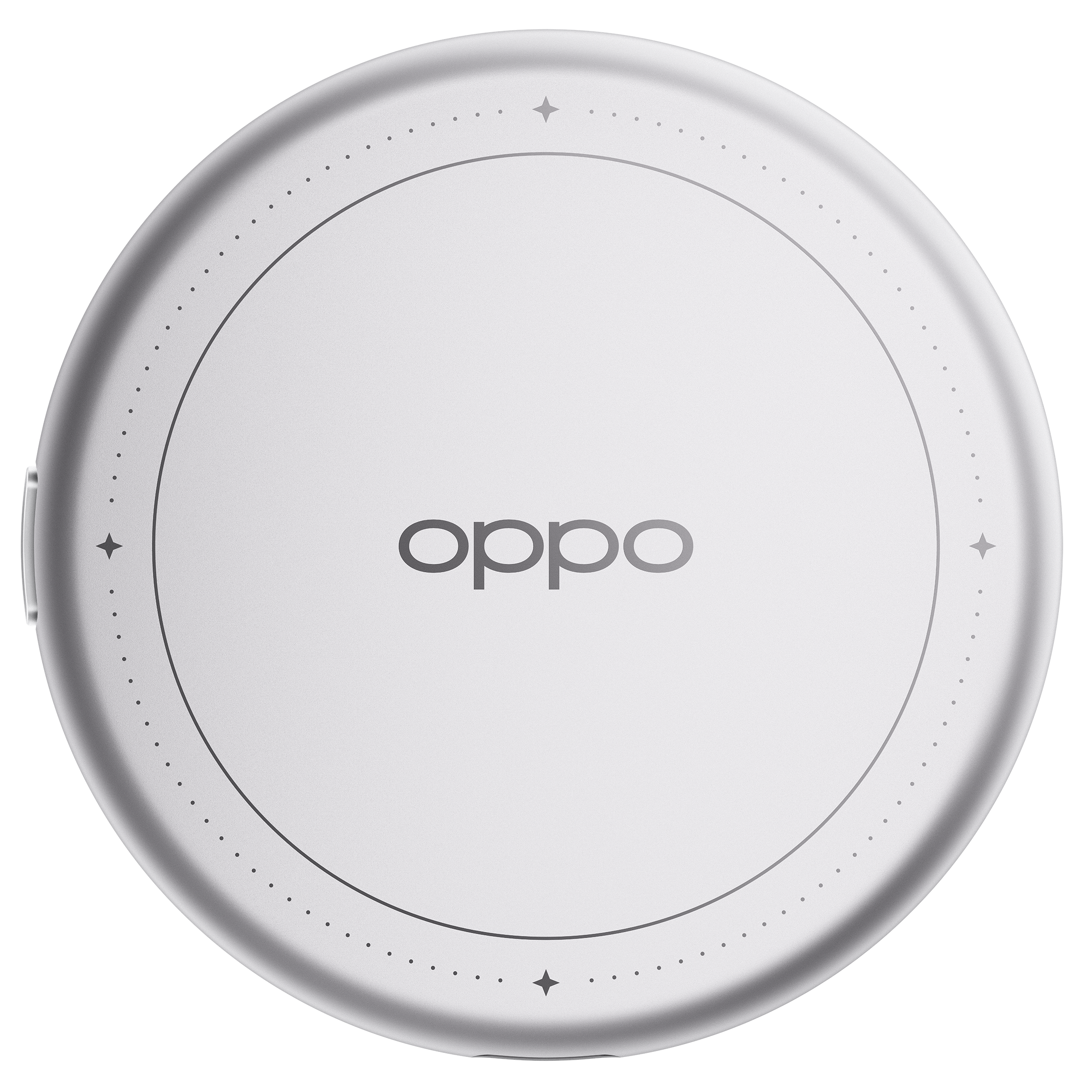Siyah arka planda yildiz sembolleri ve nokkali halka desenine sahip yuvarlak beyaz Oppo kablosuz sarj cihazi.