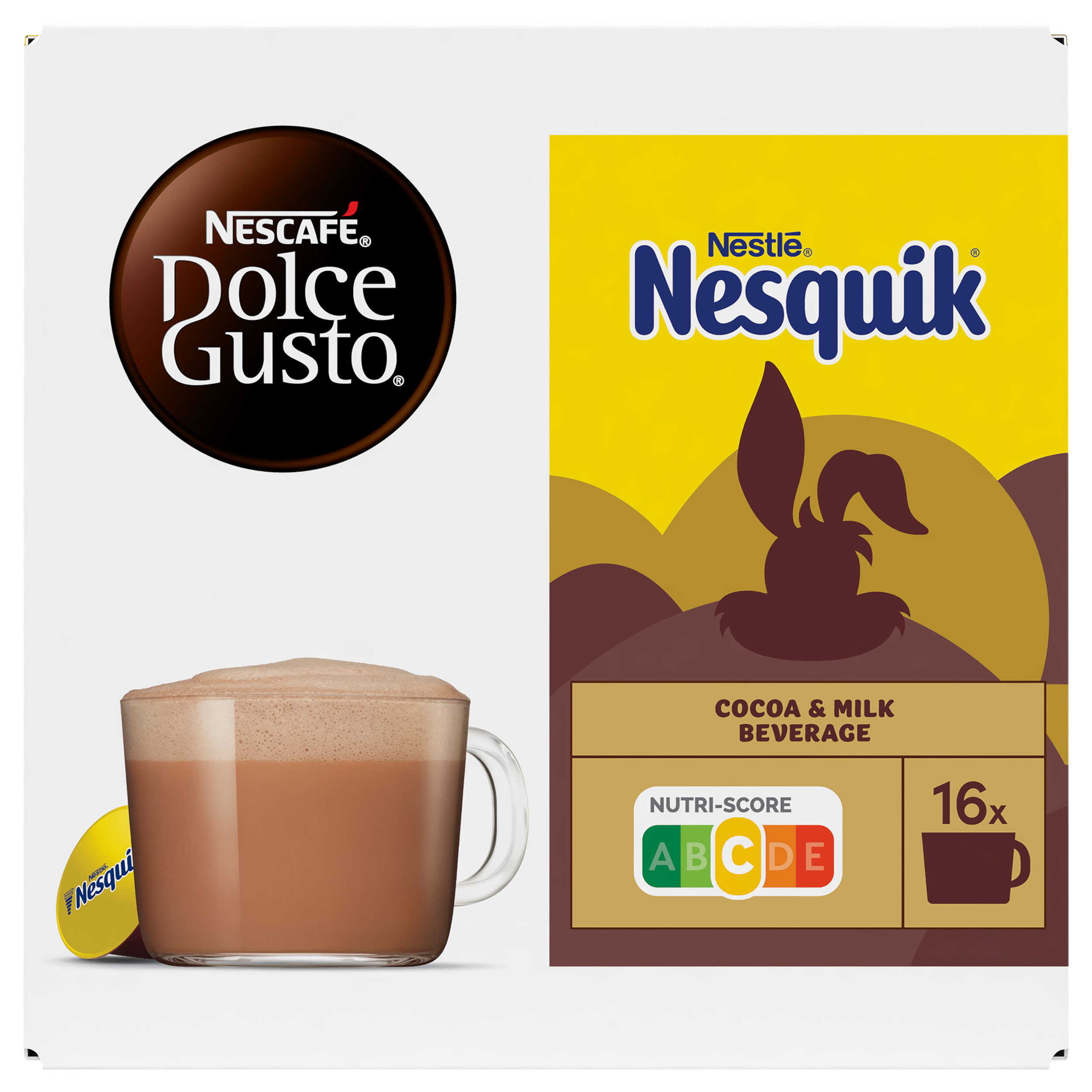 Caja de bebida de cacao y leche Nescafe Dolce Gusto Nesquik con una taza de cacao.