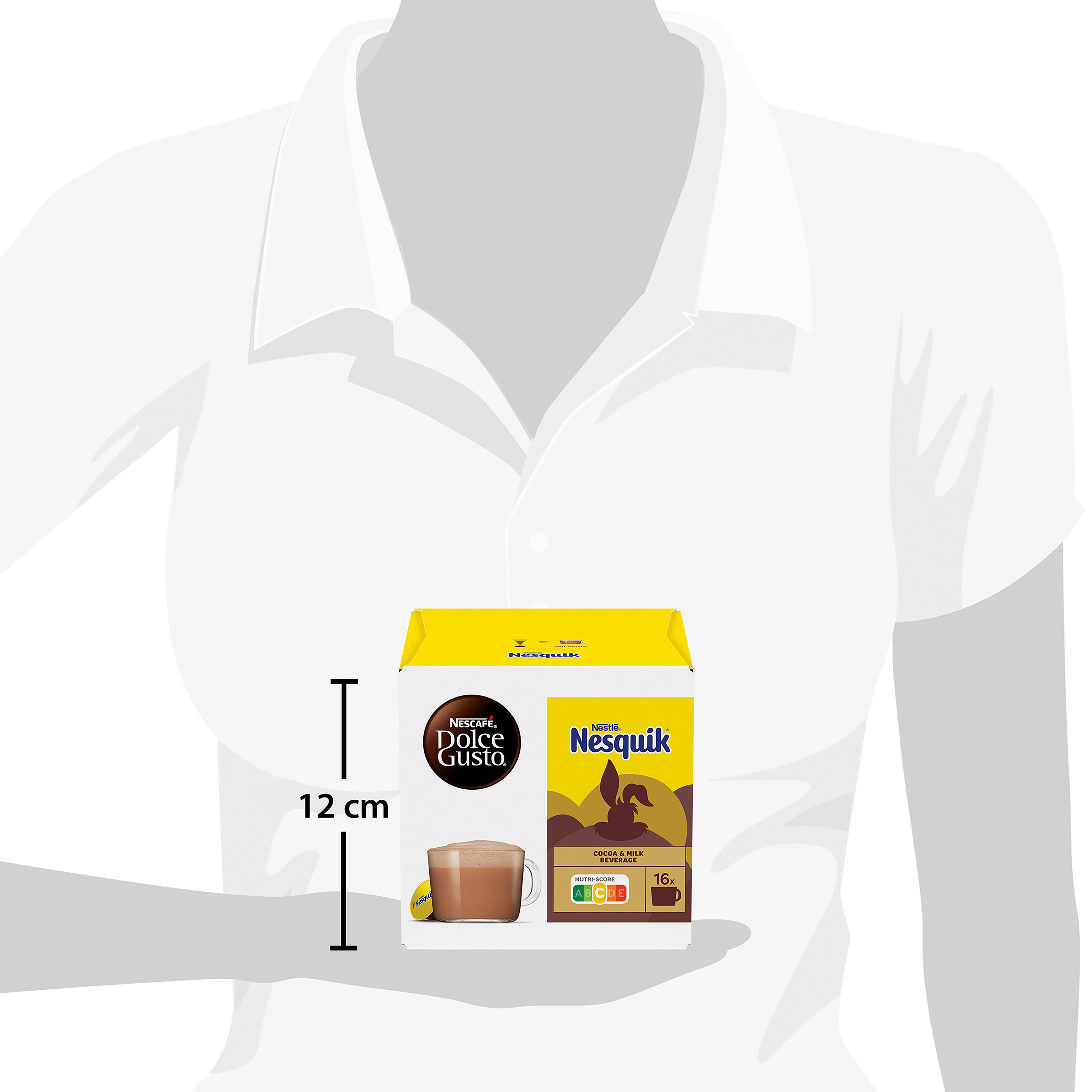Una silueta blanca de una persona sosteniendo una caja de Nescafe Dolce Gusto Nesquik con un indicador de altura de 12 cm.
