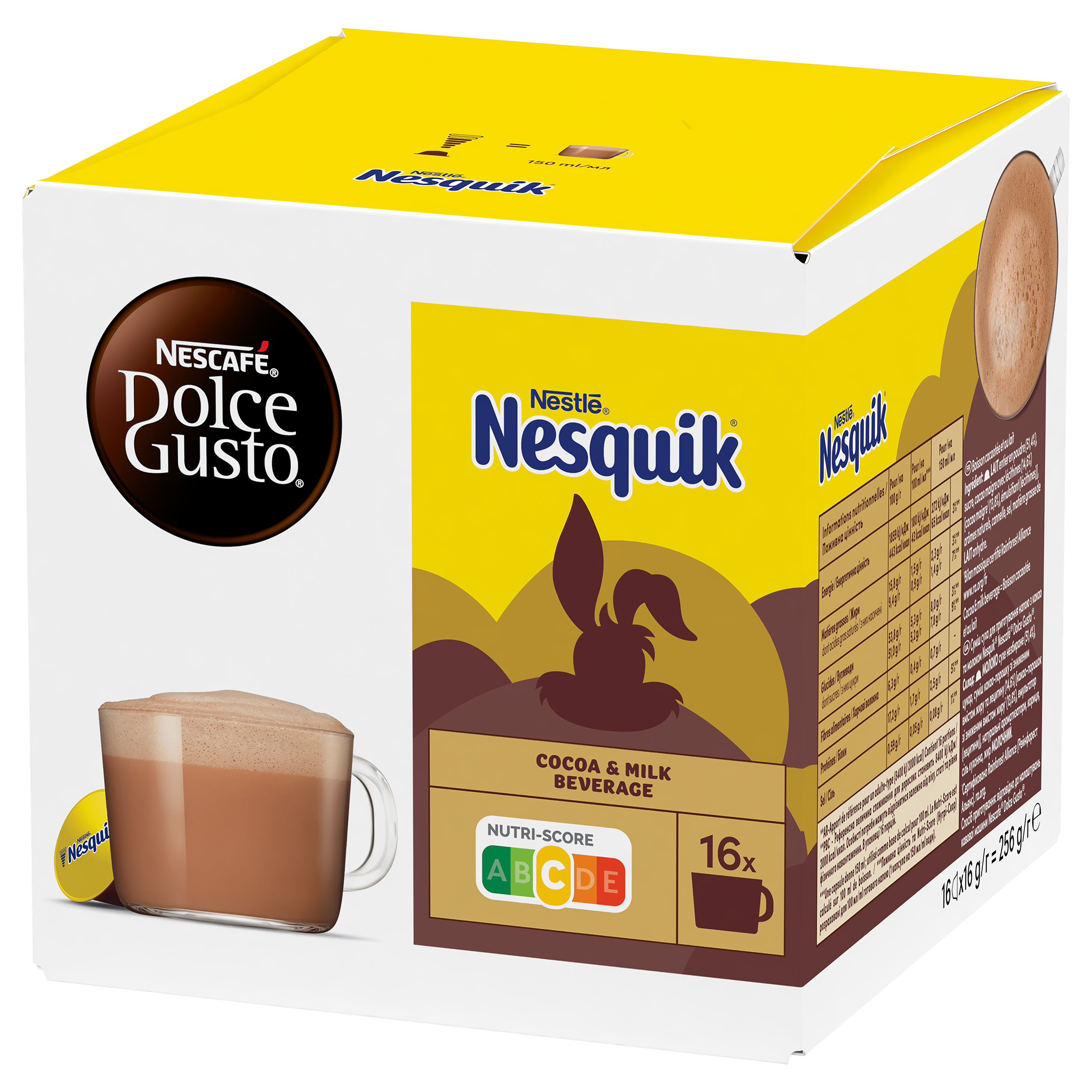 Caja amarilla de cápsulas de cacao Nescafe Dolce Gusto Nesquik con una taza de cacao.
