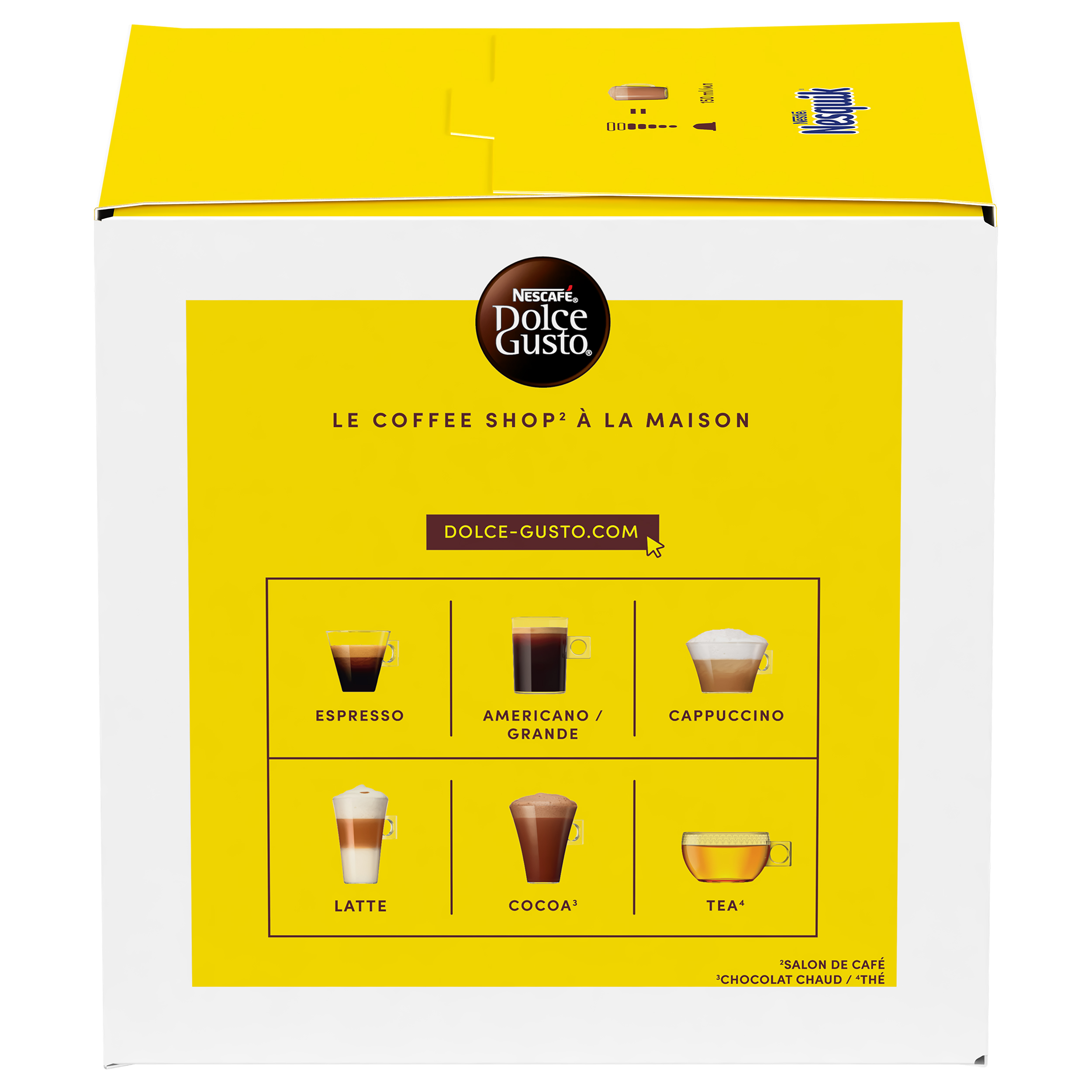 Caja amarilla y blanca de Nescafe Dolce Gusto con iconos de seis bebidas, incluyendo espresso, latte y té.