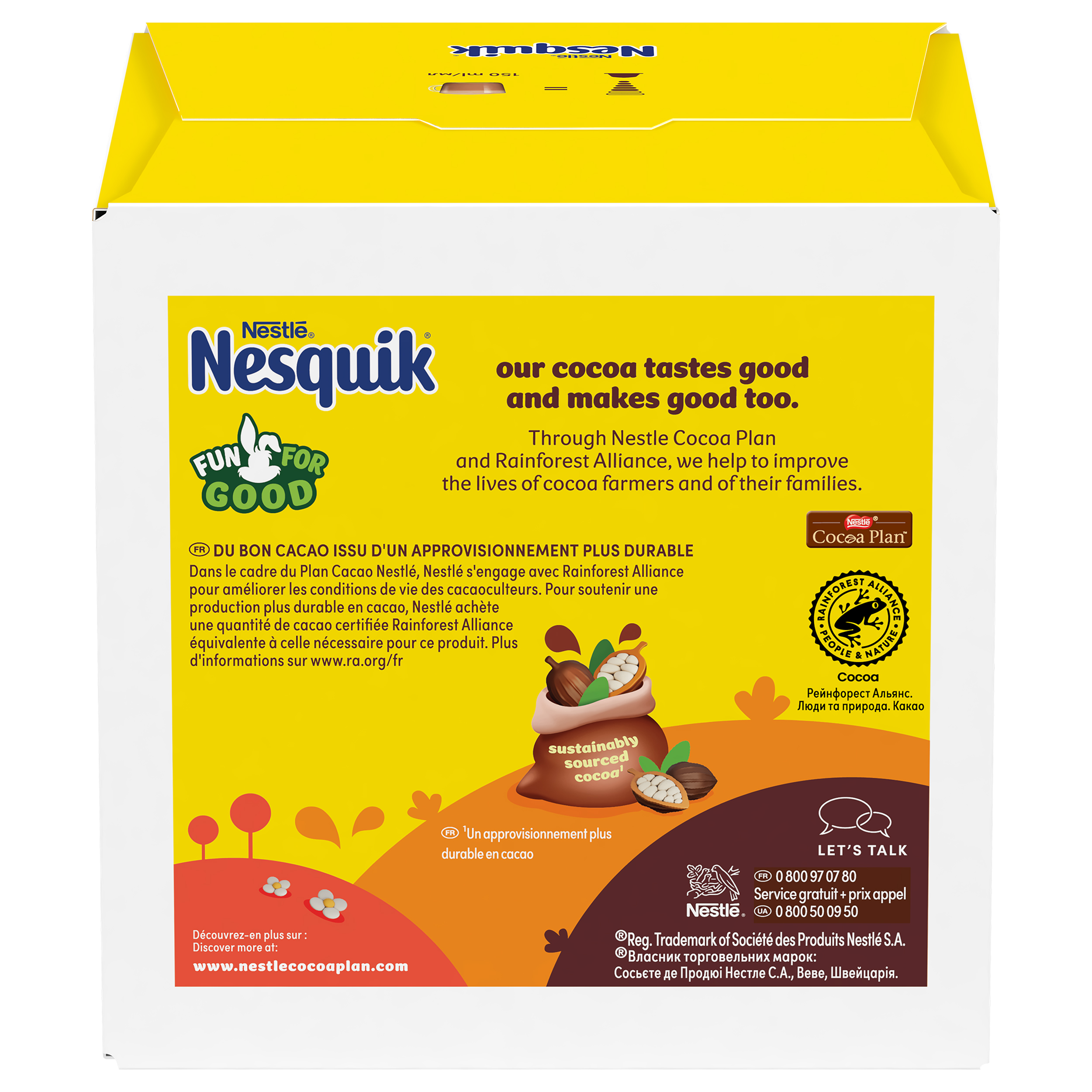 Empaque de Nestlé Nesquik sobre cacao de origen sostenible, con texto, logotipos y un saco de yute sobre fondo amarillo.