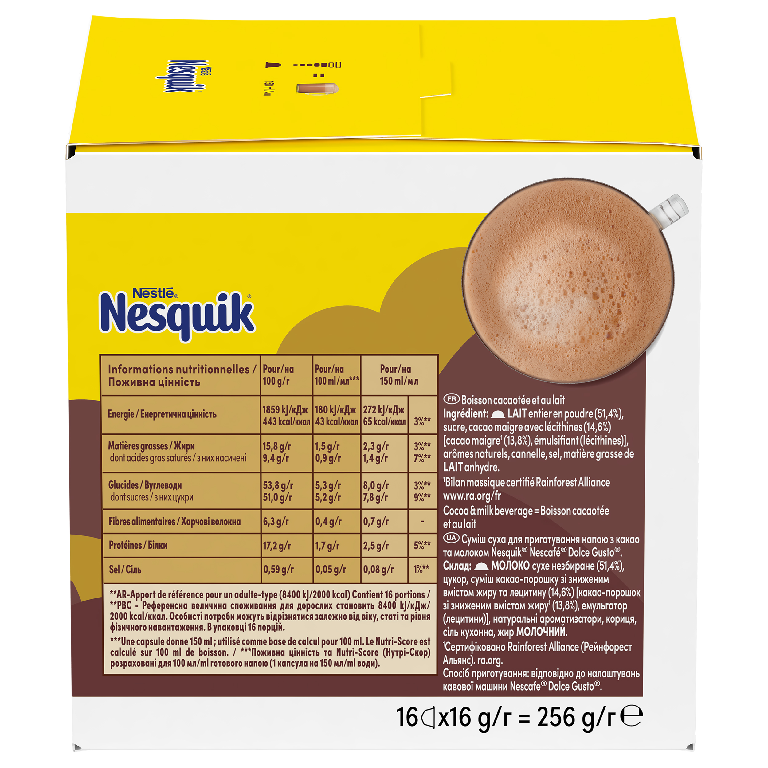 Caja de cápsulas de cacao Nesquik con información nutricional y taza.