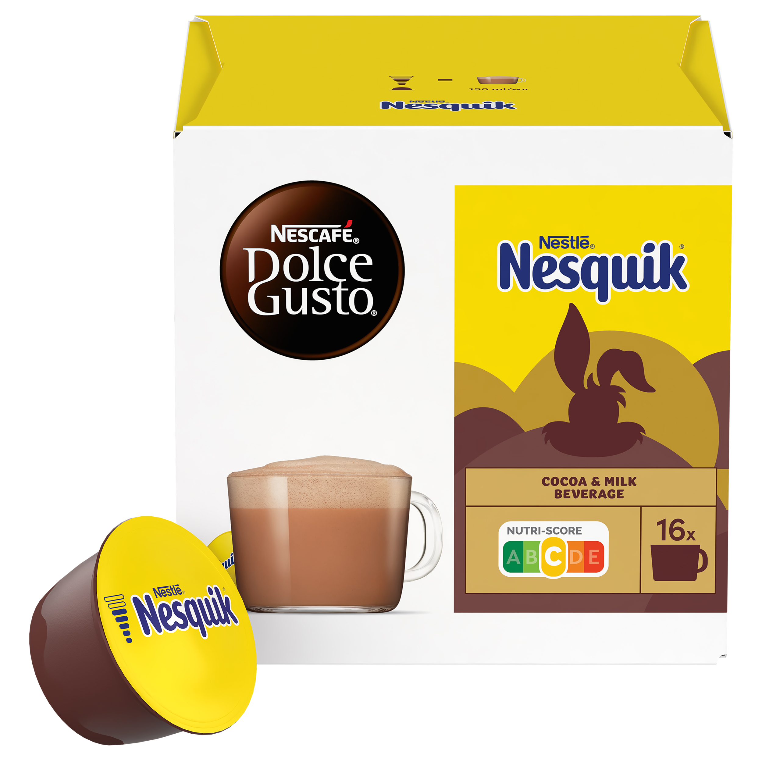 Caja de cápsulas de café Nescafe Dolce Gusto Nesquick y una cápsula de cacao.