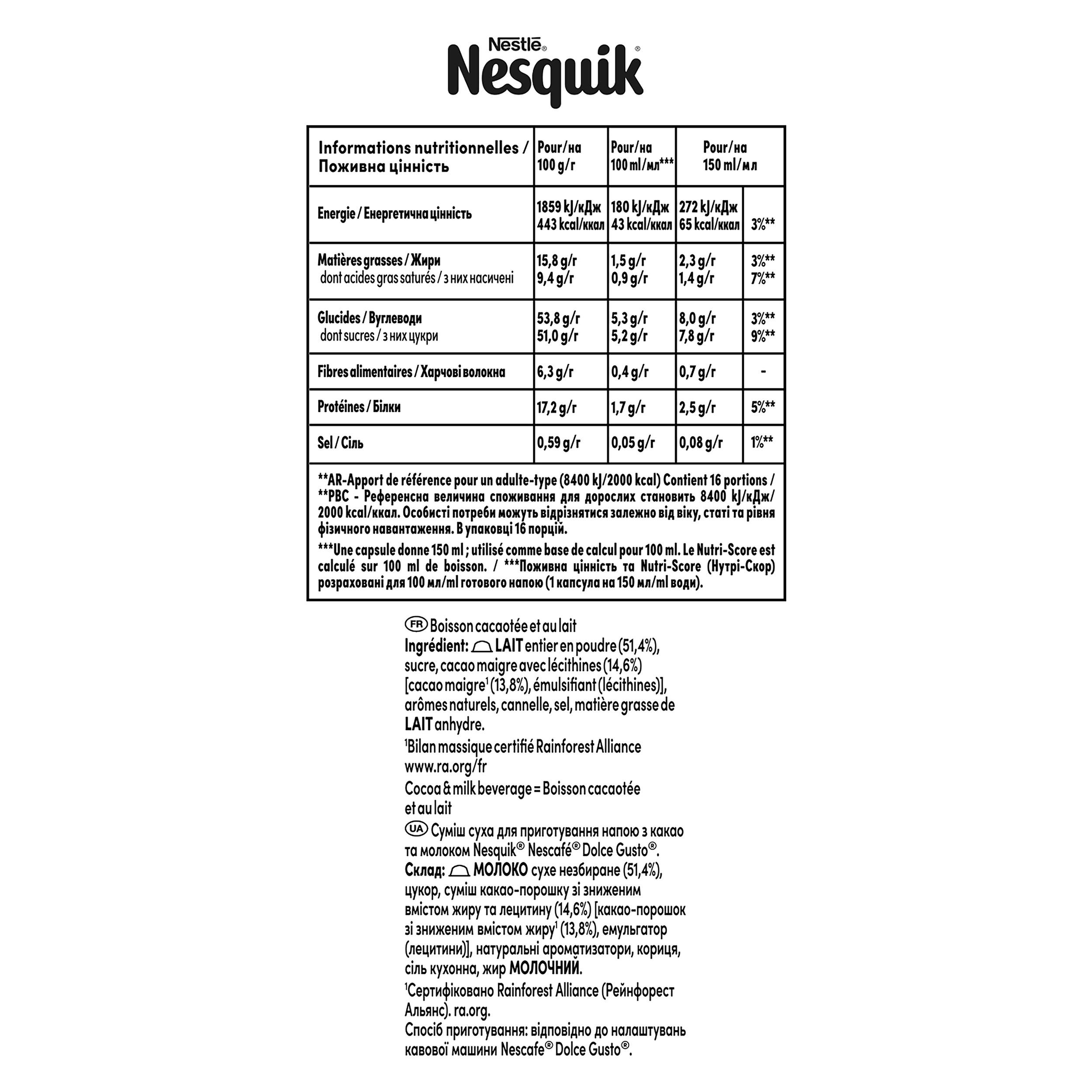 Tabla de información nutricional e ingredientes de Nestlé Nesquik en francés y ucraniano.