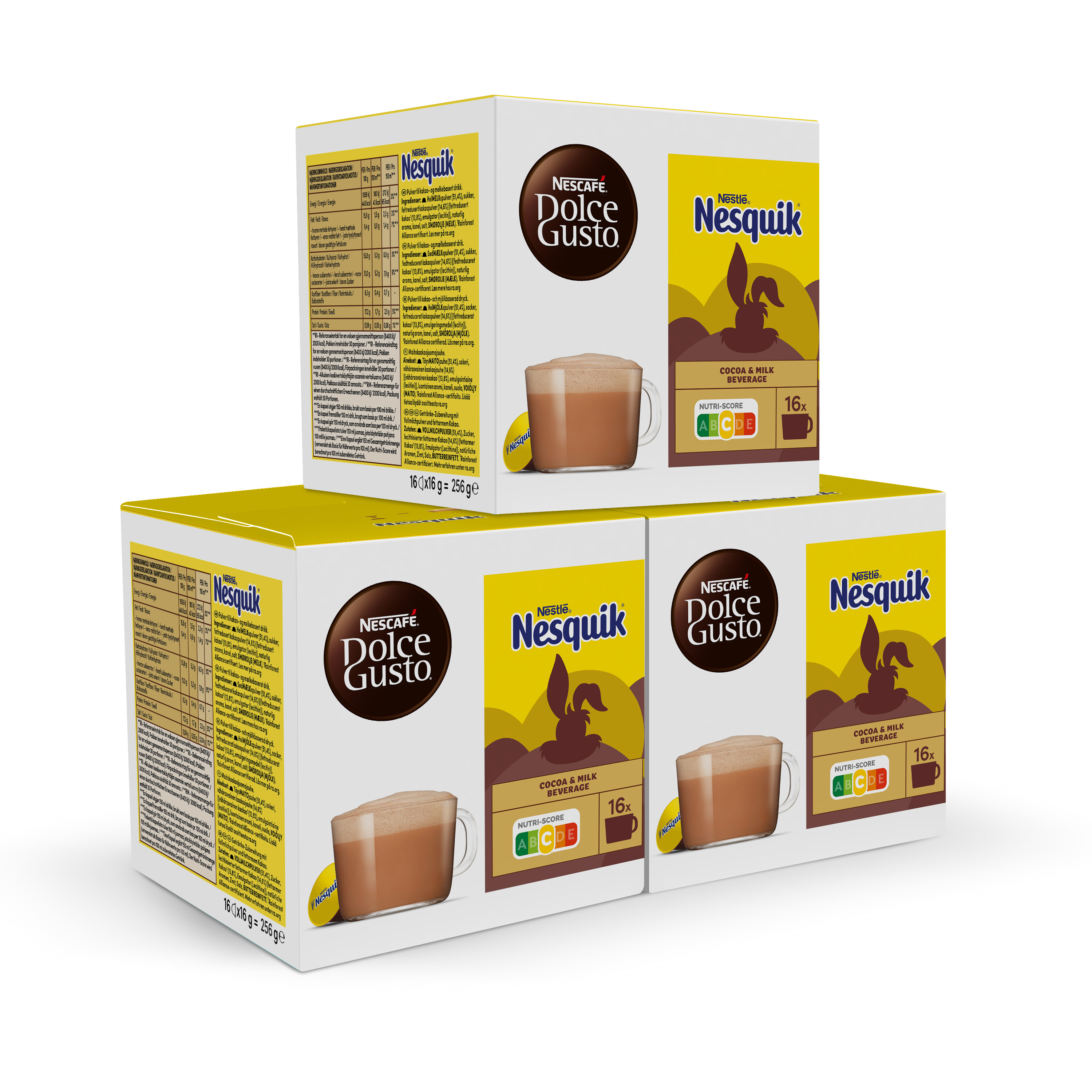 Tres cajas amarillas de cacao Nescafe Dolce Gusto Nesquik apiladas con taza.