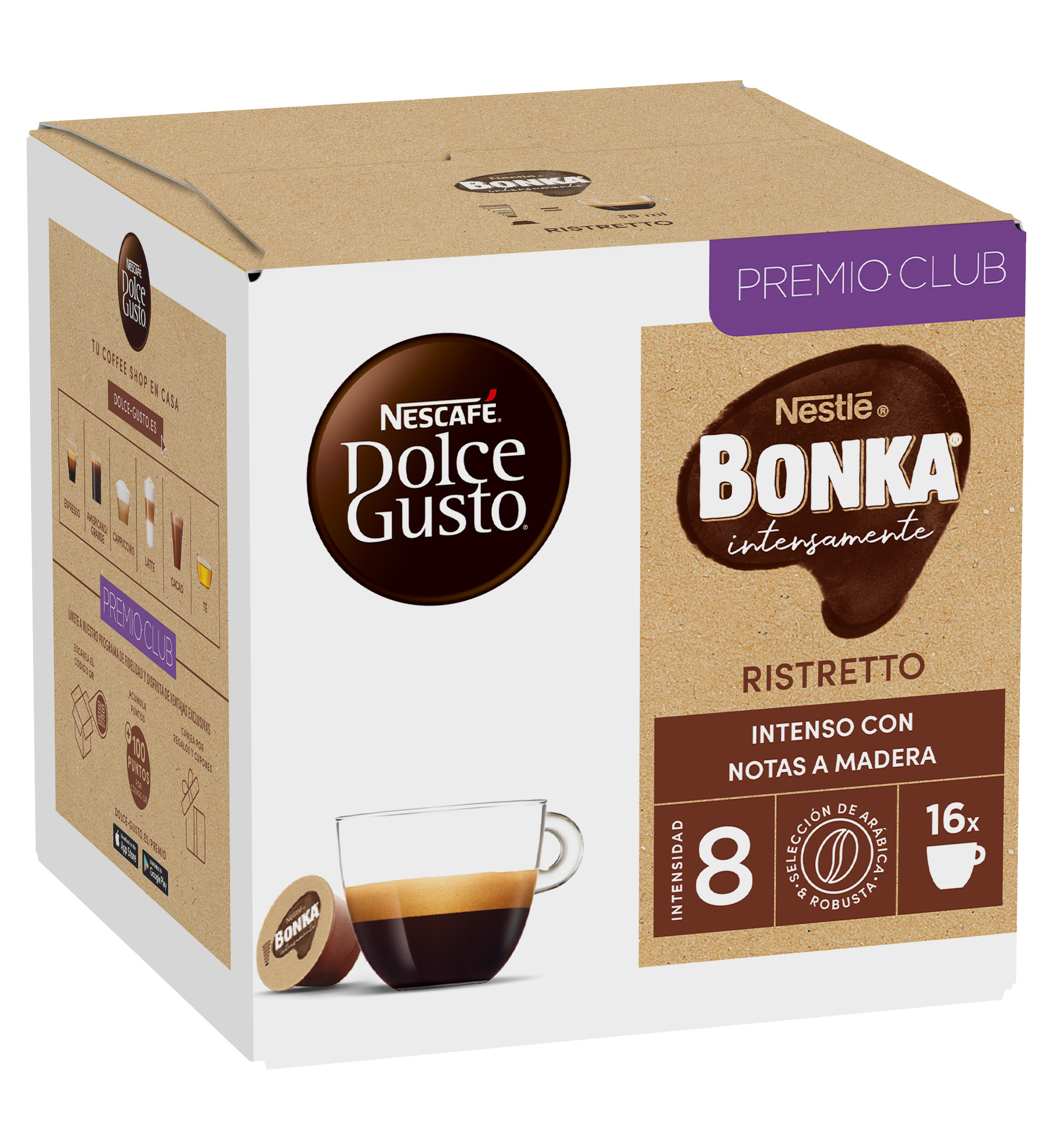 Una caja de cápsulas de café Nescafé Dolce Gusto Bonka Ristretto con taza y cápsula.