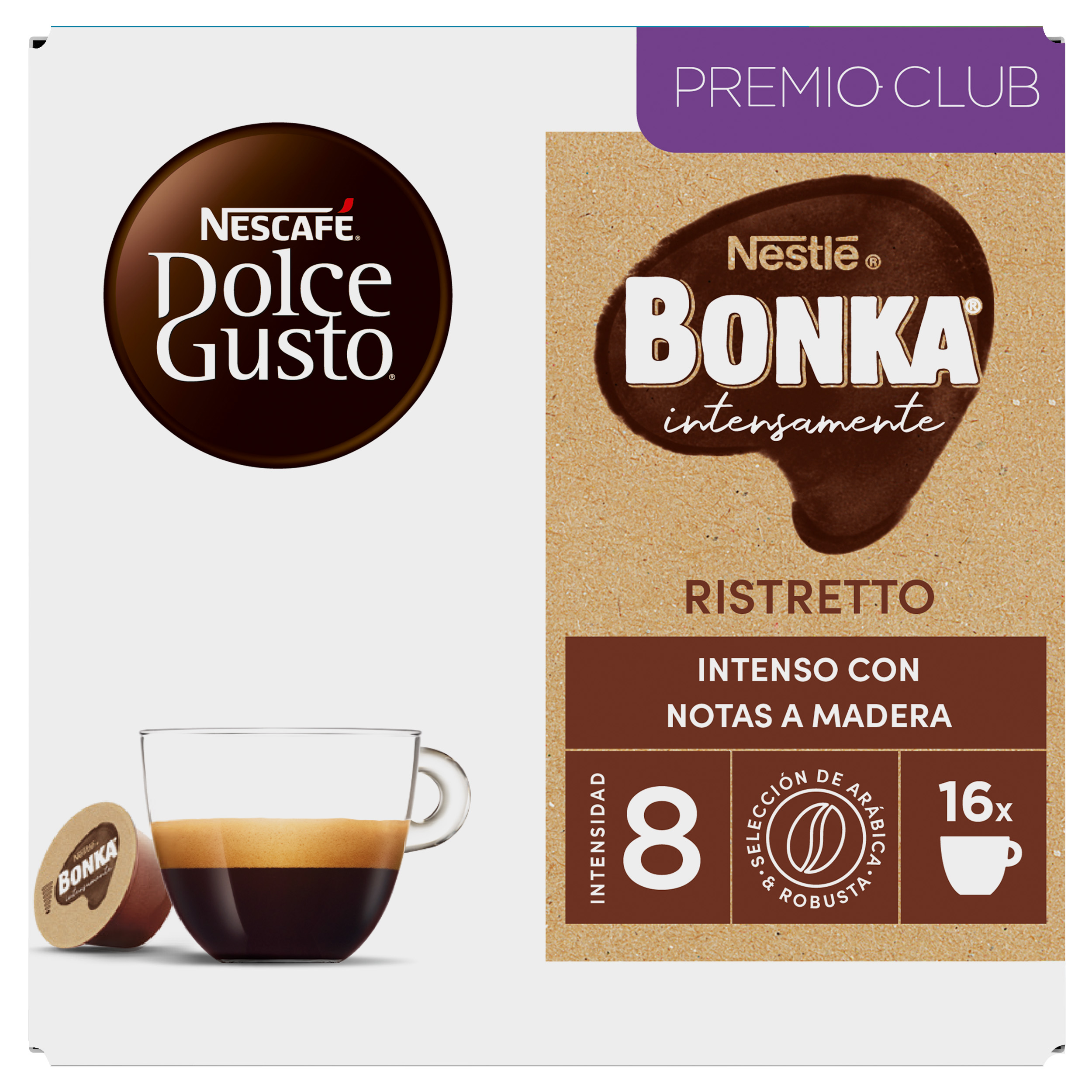 Envase de cápsulas de café Dolce Gusto Bonka Ristretto con fondo marrón y taza de café.