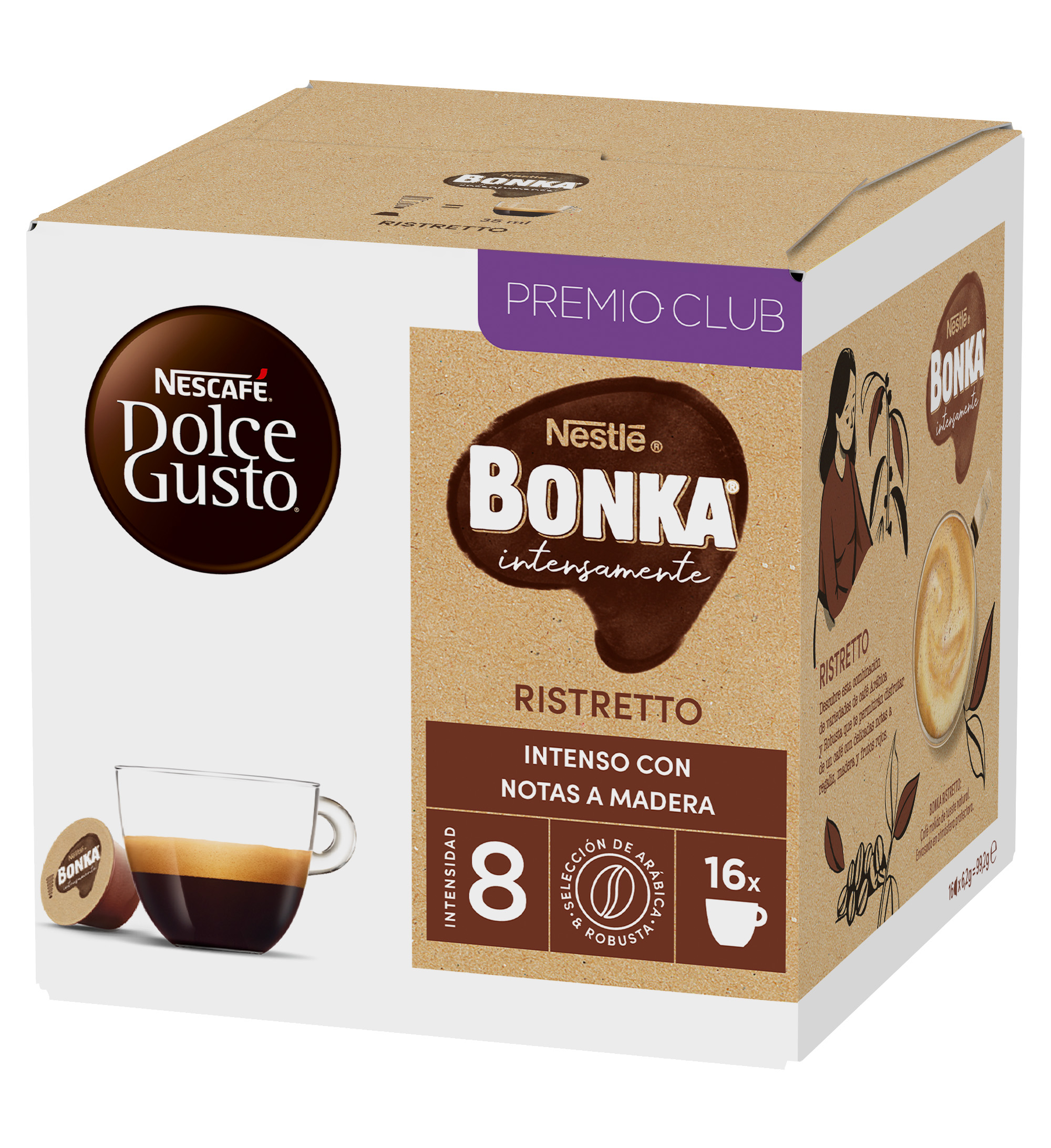 Una caja de cápsulas de café Nescafé Dolce Gusto Bonka Ristretto con taza sobre fondo blanco.