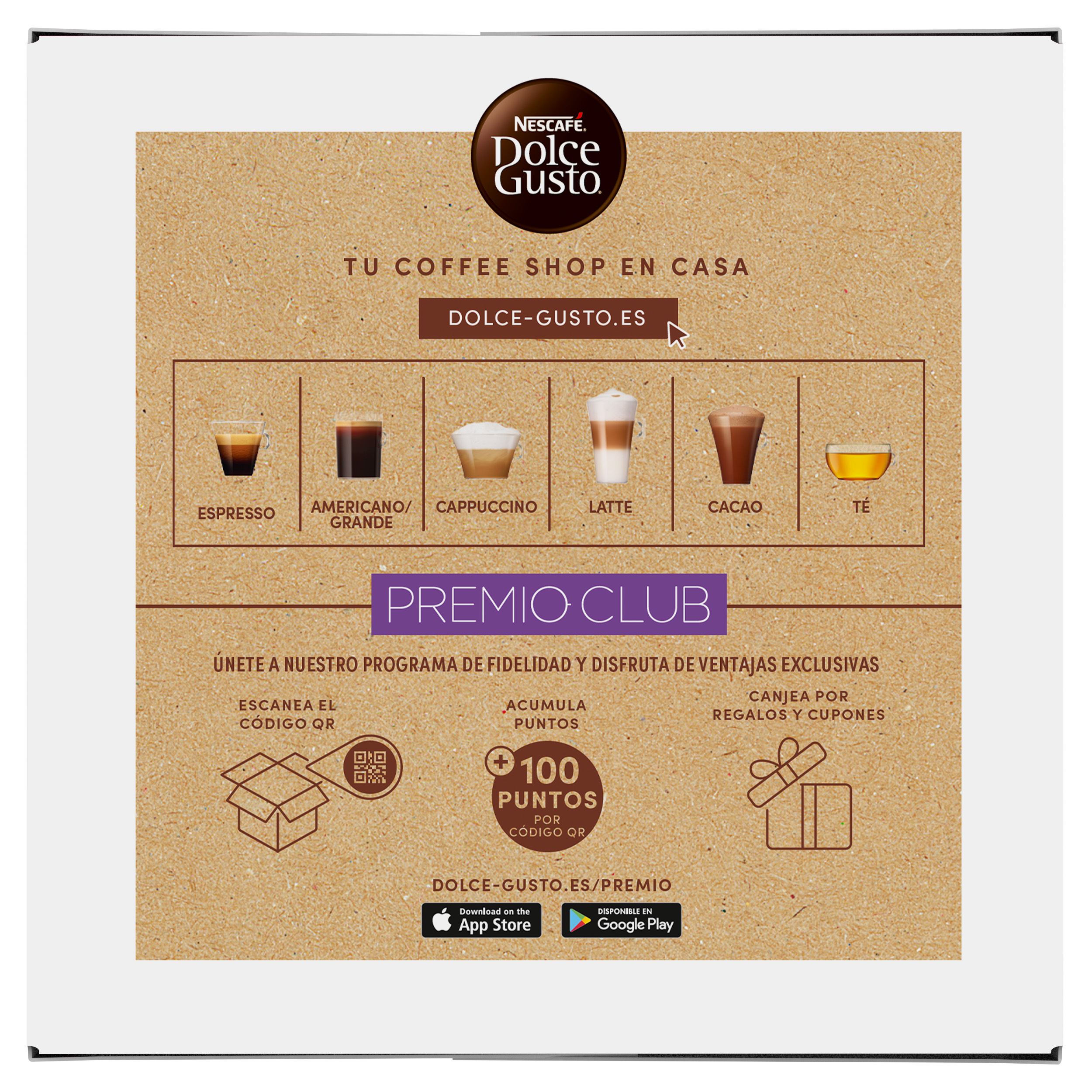 Empaque de Nescafé Dolce Gusto con tipos de café, sitio web y programa de fidelización.