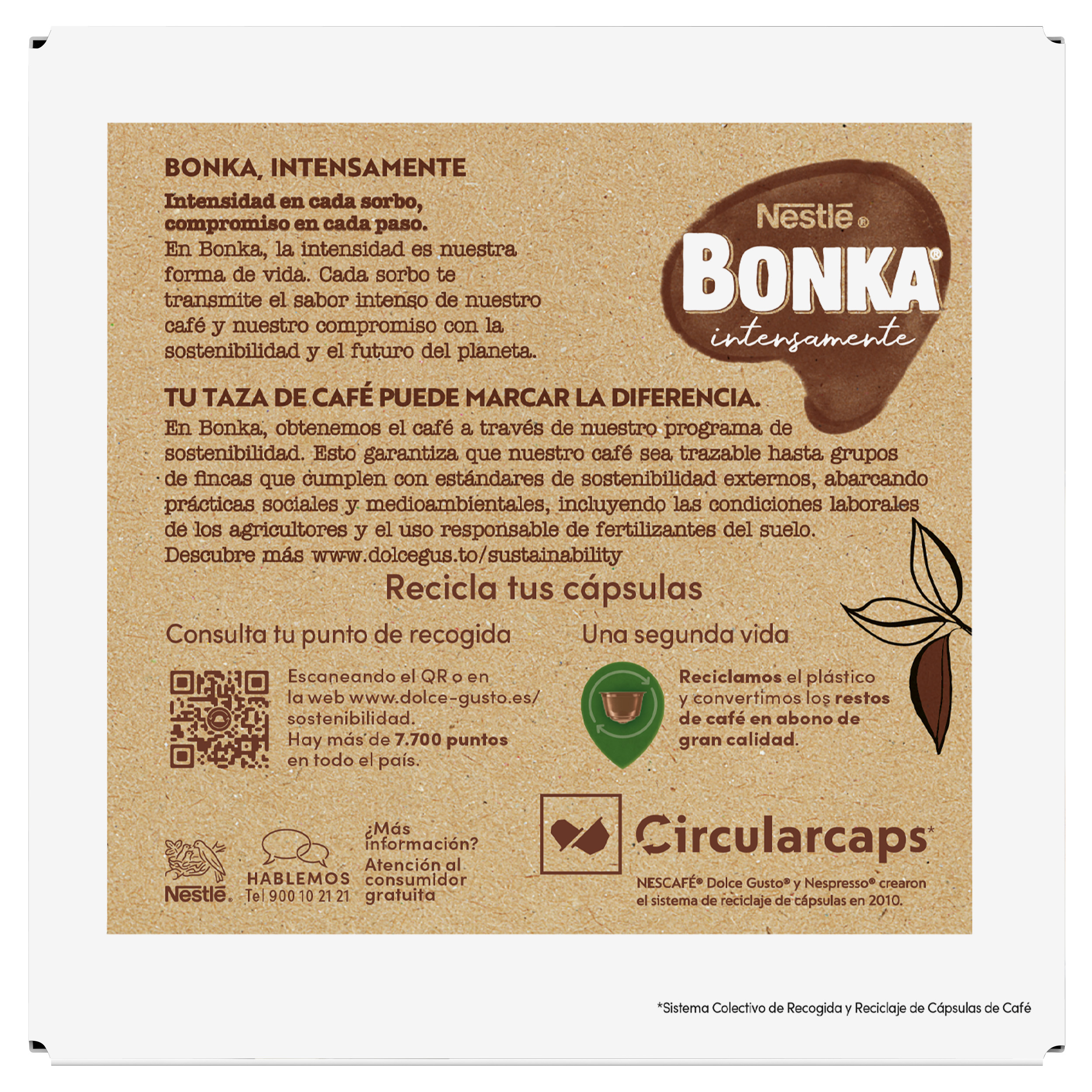 Empaque de café Bonka con texto, logotipo, código QR e información de reciclaje en papel marrón.