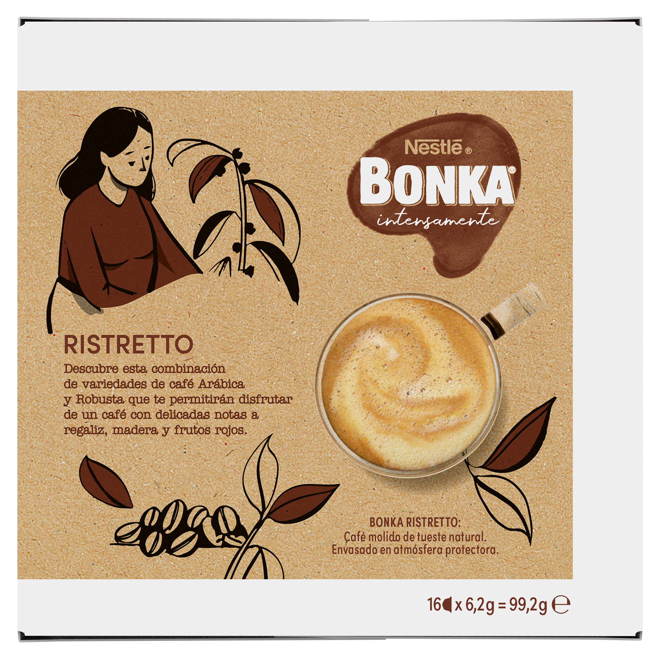 Envase de café Nestlé Bonka Ristretto con la ilustración de una mujer, una taza de café y granos de café.