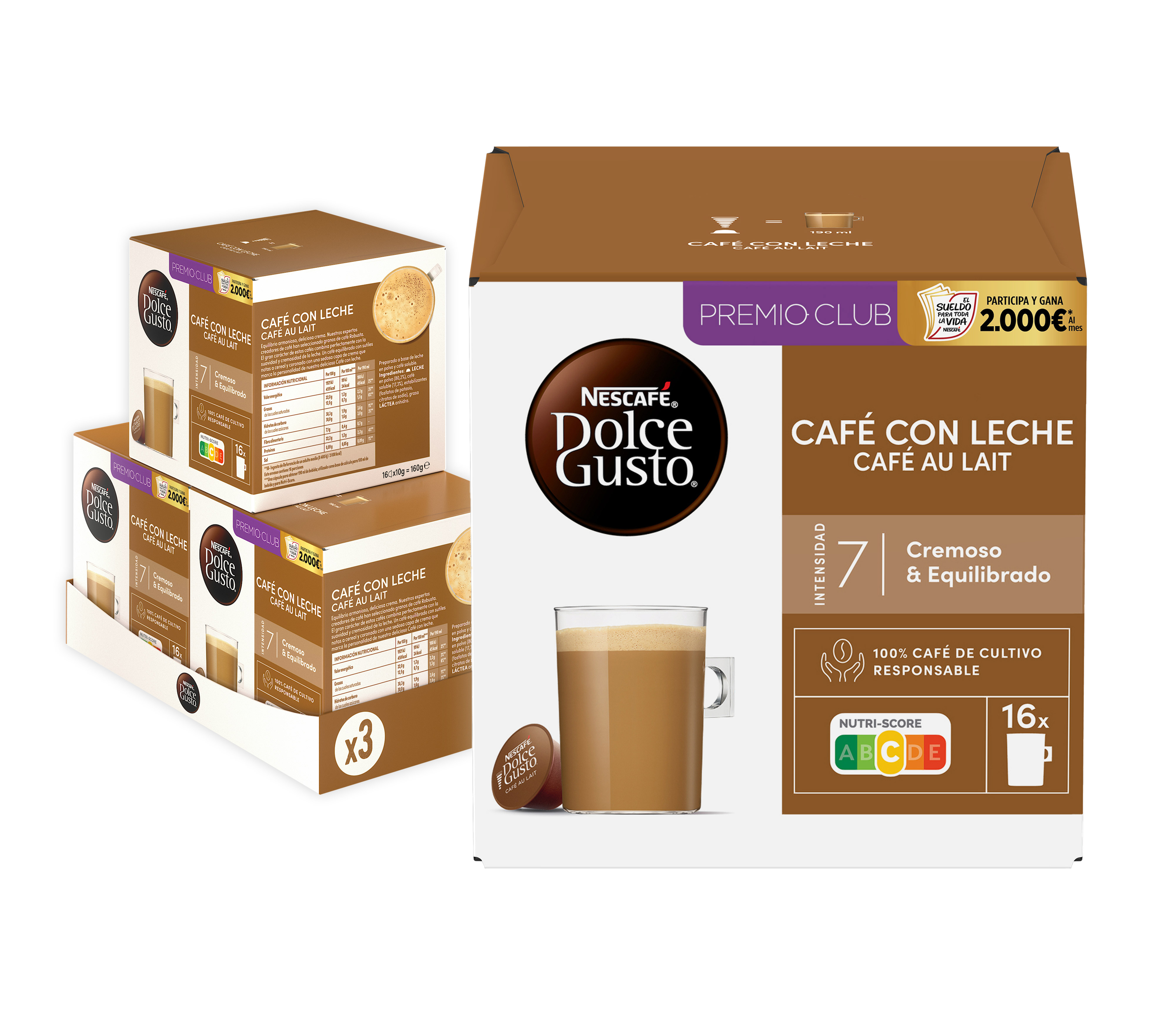 Caja de cápsulas Nescafe Dolce Gusto Café con Leche con vaso de café.