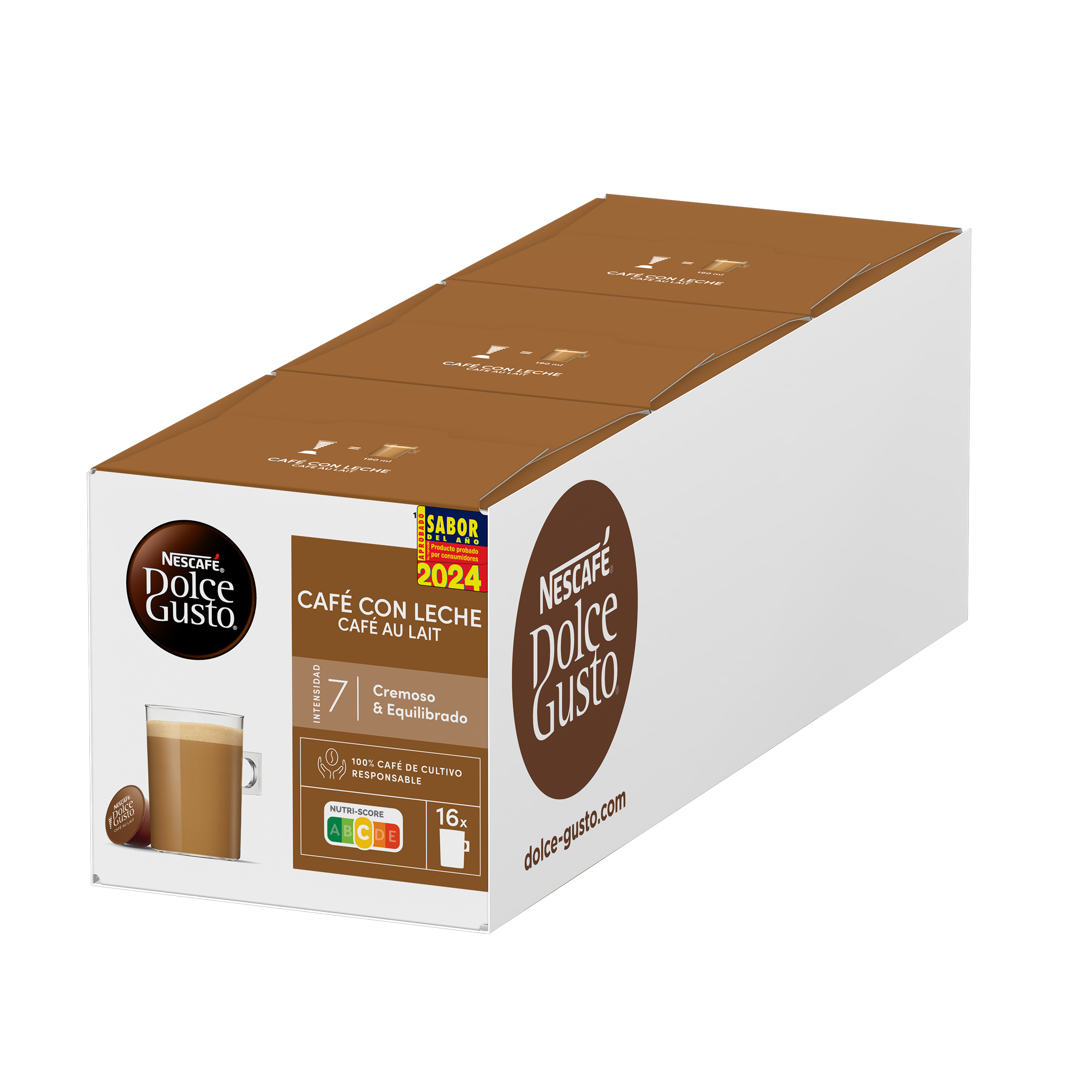 Una caja de cápsulas de café Nescafe Dolce Gusto Cafe Con Leche blanca y marrón sobre fondo blanco.