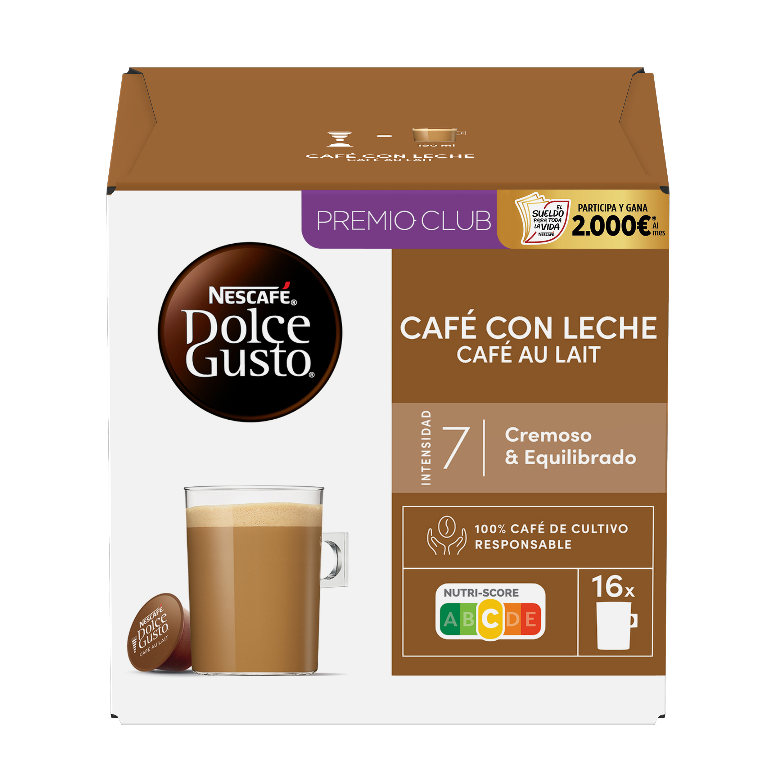Caja de cápsulas de café Nescafé Dolce Gusto Café con Leche con logo, taza de café con leche y detalles.