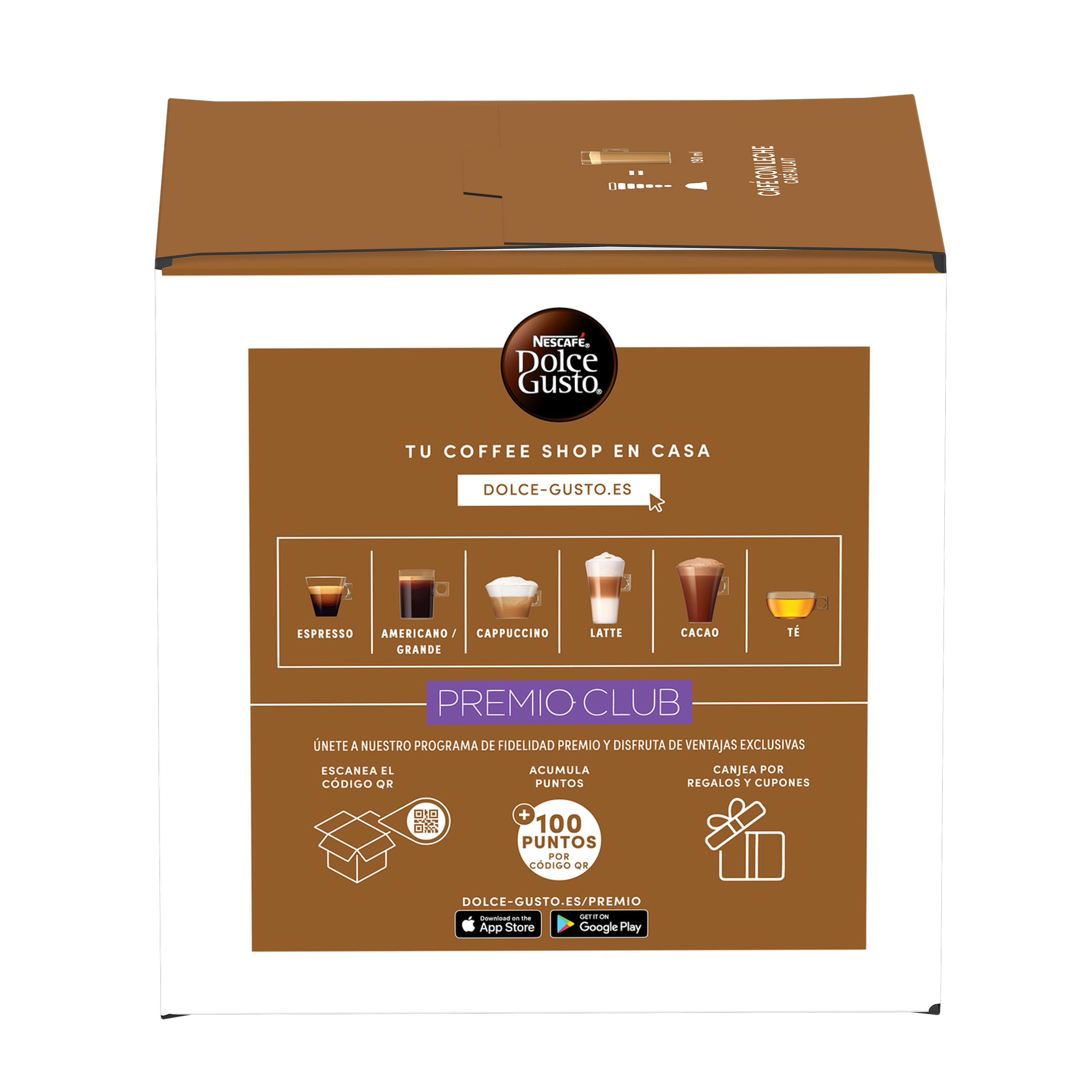 Empaque de Nescafé Dolce Gusto con iconos de bebidas de café y detalles del programa Premio Club.