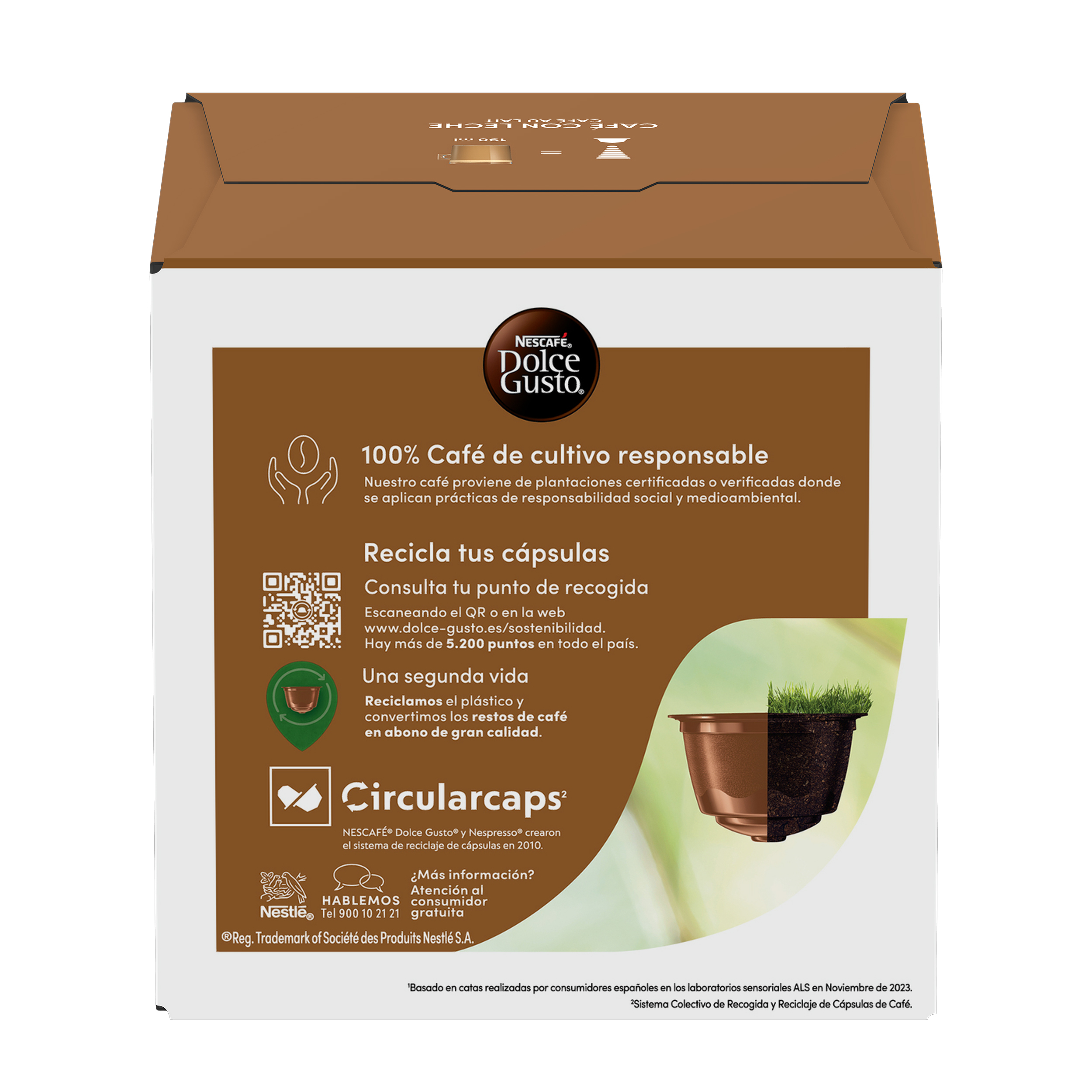 Parte trasera de una caja de cápsulas Dolce Gusto con información de sostenibilidad.