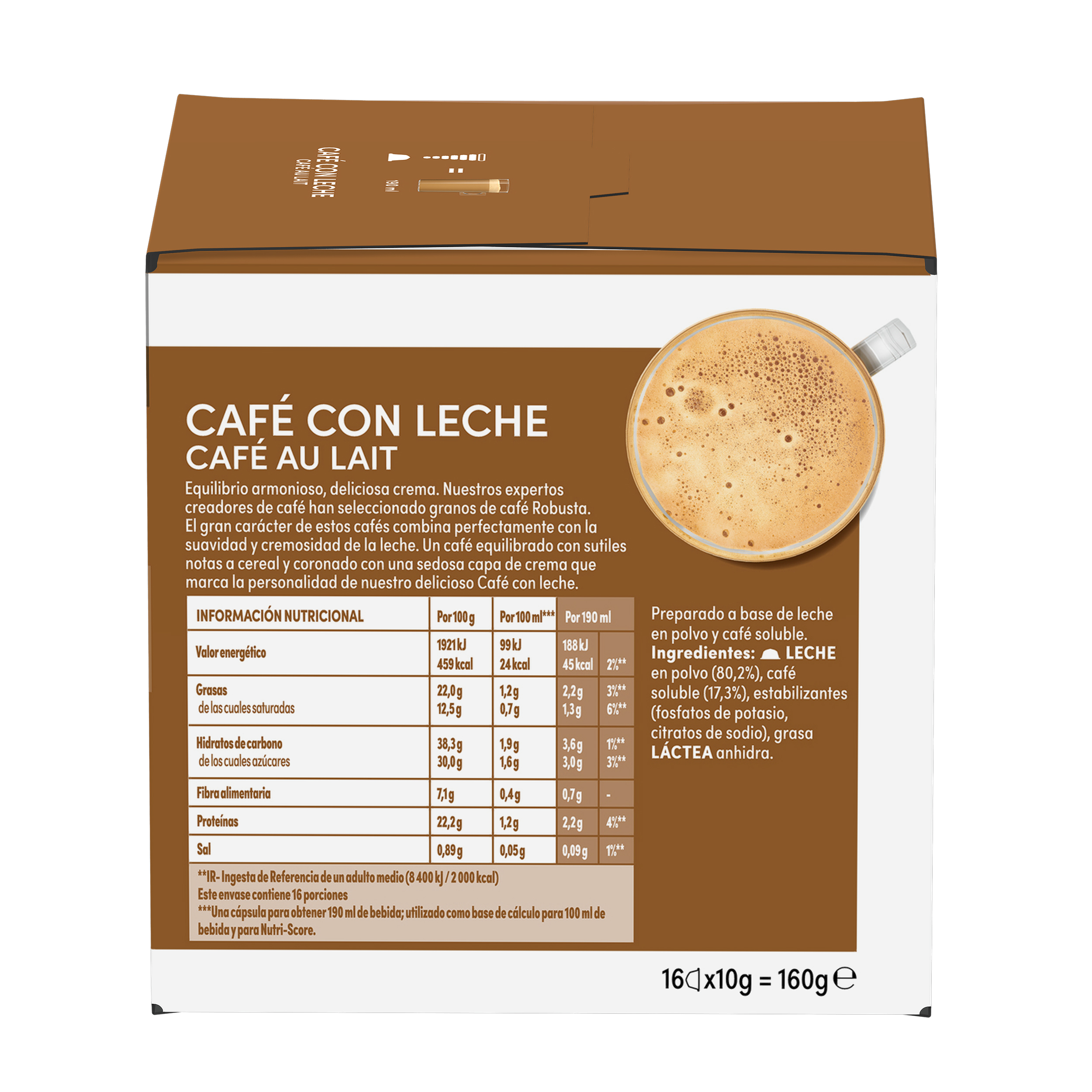 Envase de café con leche con tabla nutricional y taza de café arriba a la derecha.