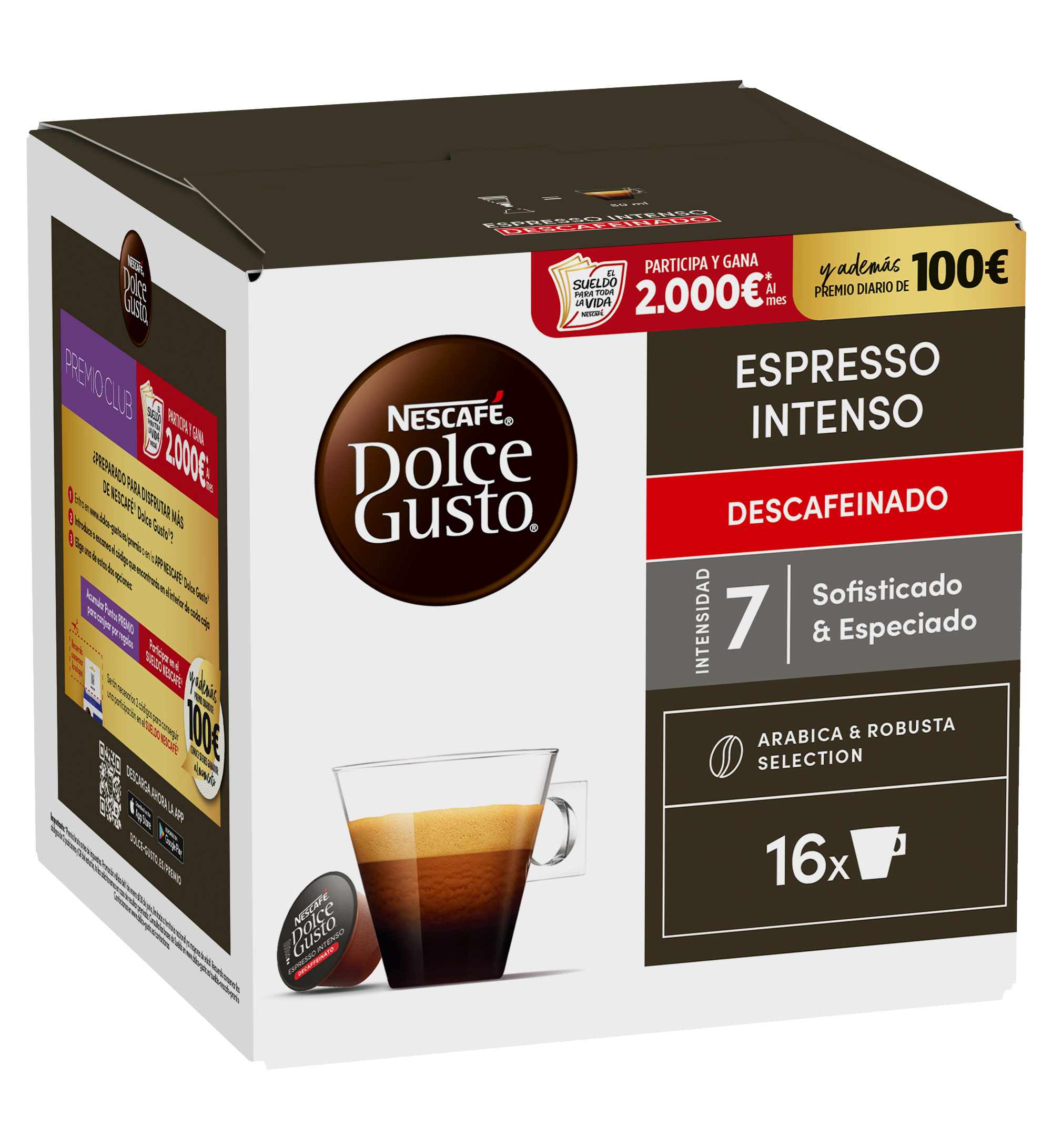Caja de cafe descafeinado Nescafe Dolce Gusto Espresso Intenso con 16 capsulas, taza y capsula en la parte delantera.