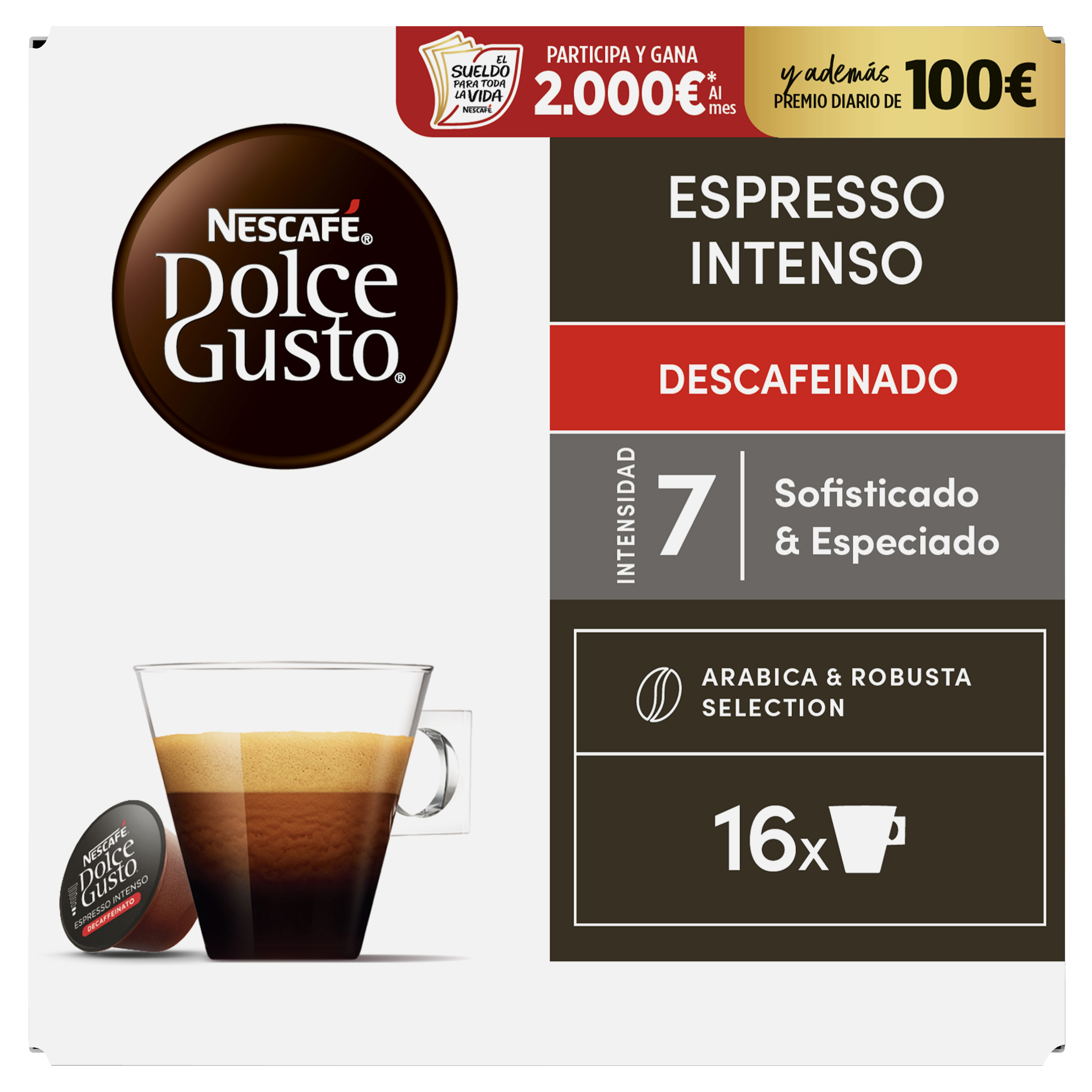Caja de Nescafe Dolce Gusto Espresso Intenso Descafeinado con 16 cápsulas y taza.