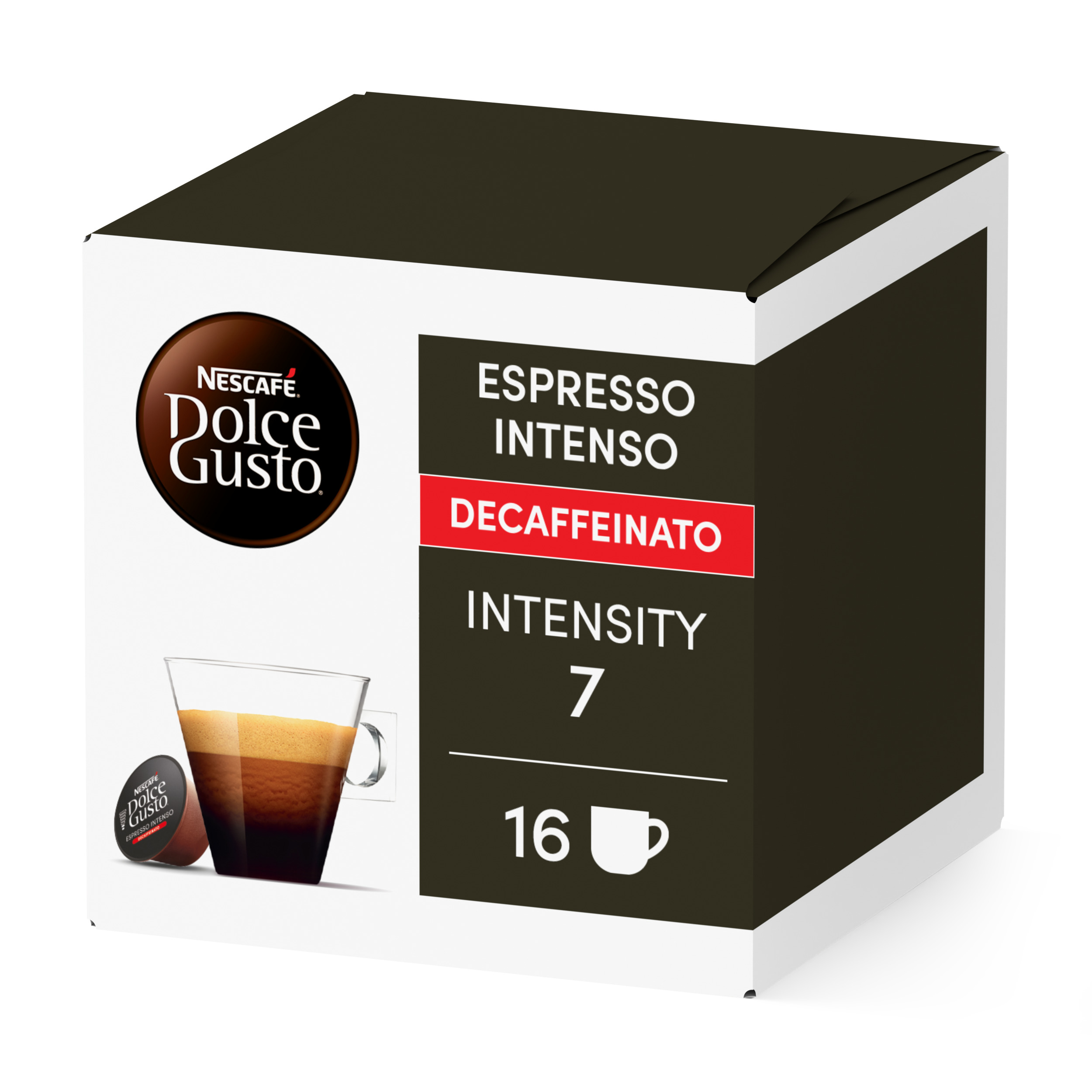 Una caja de cápsulas de café Nescafé Dolce Gusto Espresso Intenso Decaffeinato.